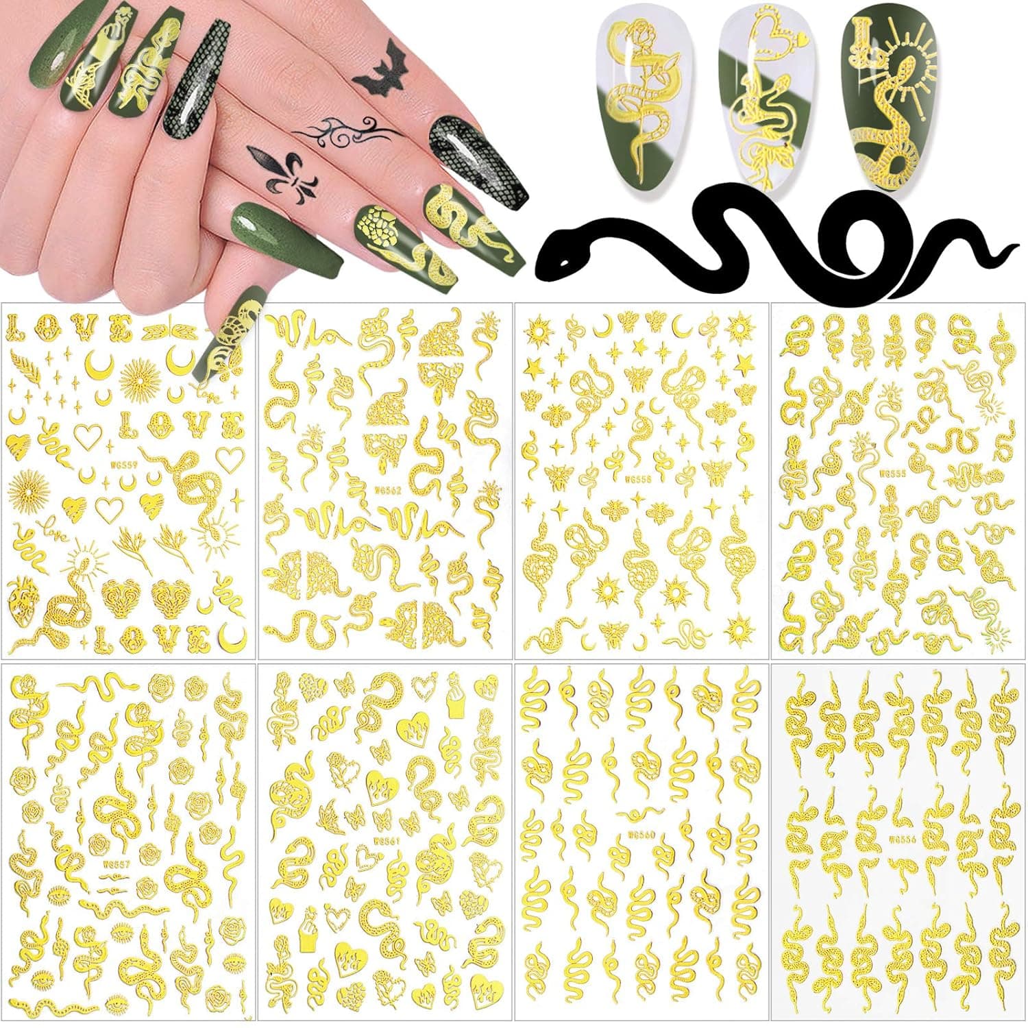Kalolary 8 Sheets Snake Nail Art Stickers Gold Color 3D Nail Self-Adhesive Luxury Street Fashion Python Cool Snake Flower Pattern Nail Sticker Decals for Women Girls DIY Decor Nail Art Accessories