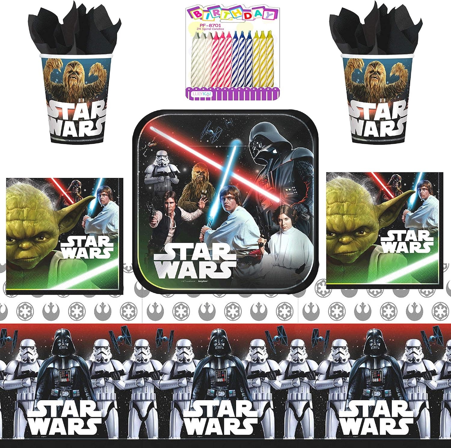 Classic Star Wars Party Supplies Pack Serves 16: 9" Plates Luncheon Napkins Cups and Table Cover with Birthday Candles (Bundle for 16)