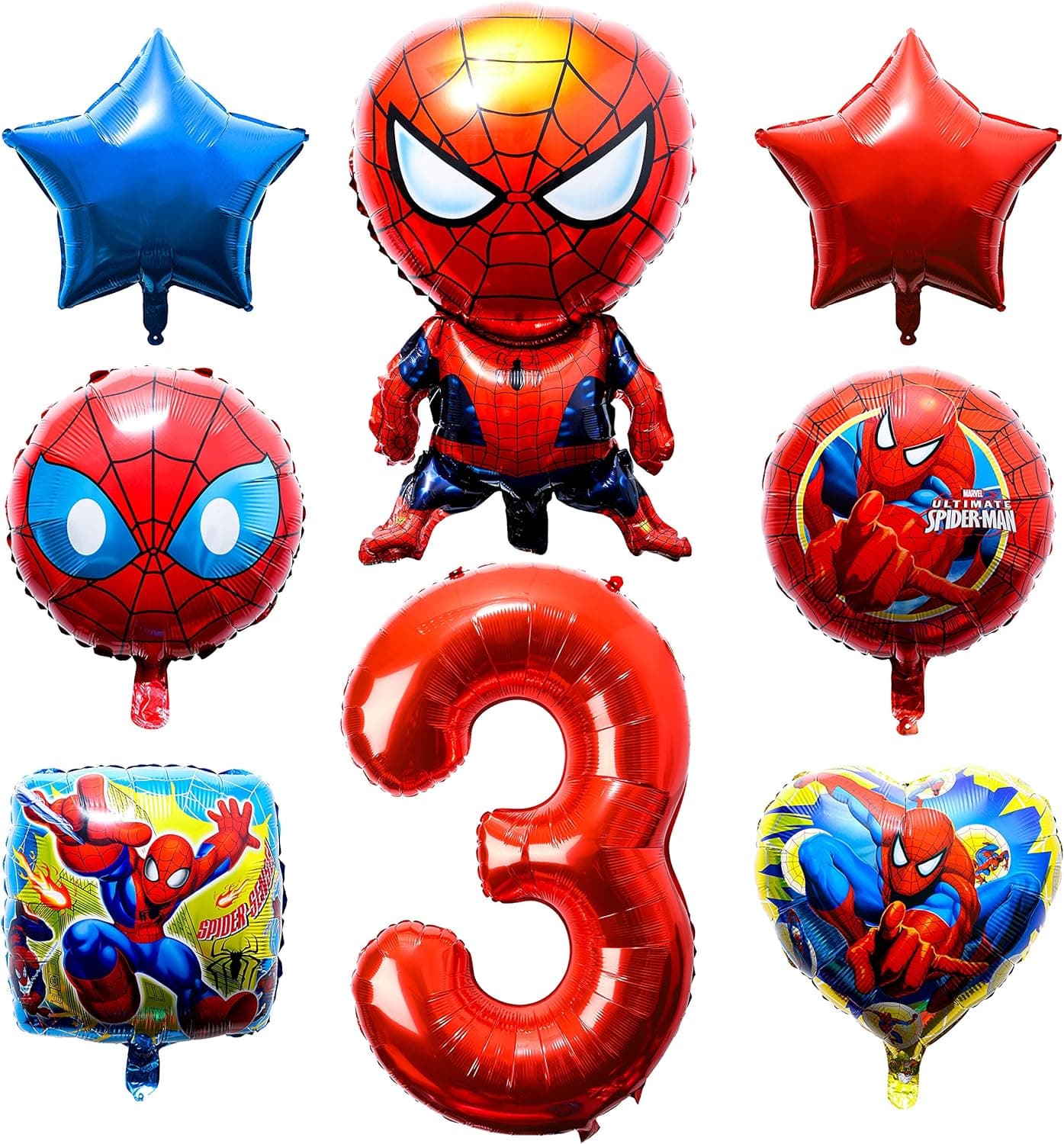 PANTIDE 8Pcs Spider Superhero Balloons 3rd Birthday - Including Giant Number 3 Balloon, Foil Balloons, Superhero Theme Birthday Party Decorations Supplies for Baby Kids Boys Who Likes Spider Hero