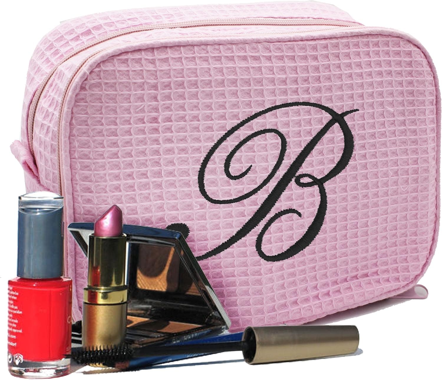 The Wedding Party Store Personalized Waffle Makeup Bag - Monogrammed Cosmetic Make Up Travel Train Case - Custom Embroidered (Pink)