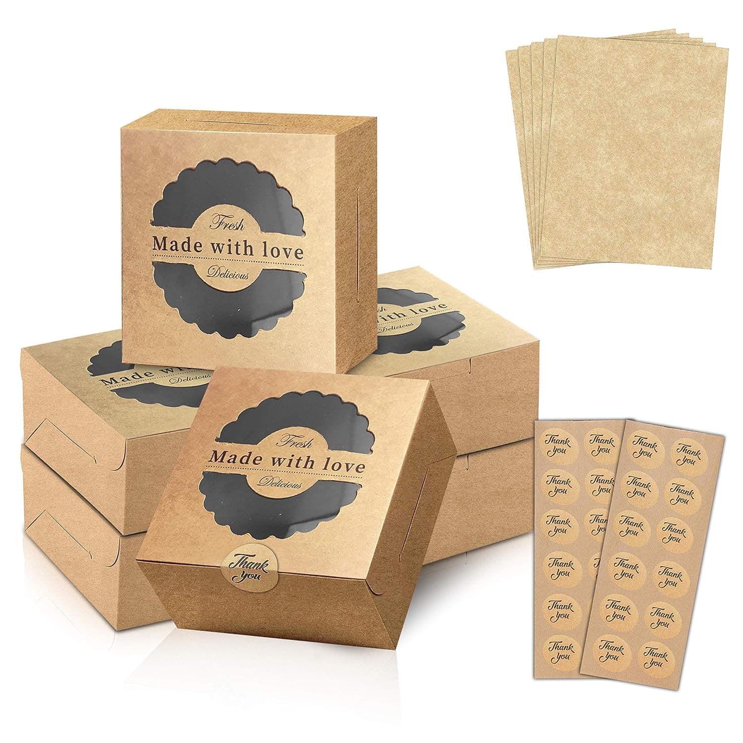 Bakery Boxes – Kraft Boxes with Window – [25Pcs] Dessert Boxes with Parchment Paper and Stickers – Small Box for Cakes, Cupcakes and Cookies – Versatile and Convenient Packaging – 4 x 4 x 3-inch