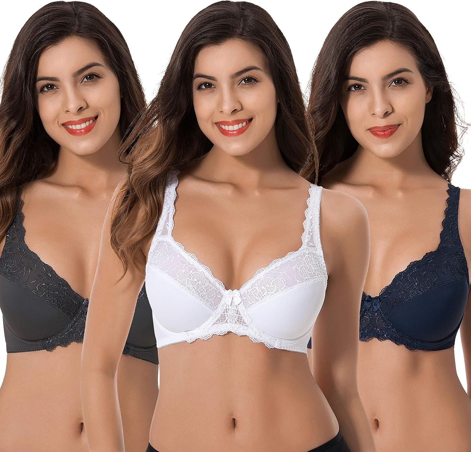 Curve Muse Plus Size Minimizer Underwire Unlined Bra with Embroidery Lace-3Pack