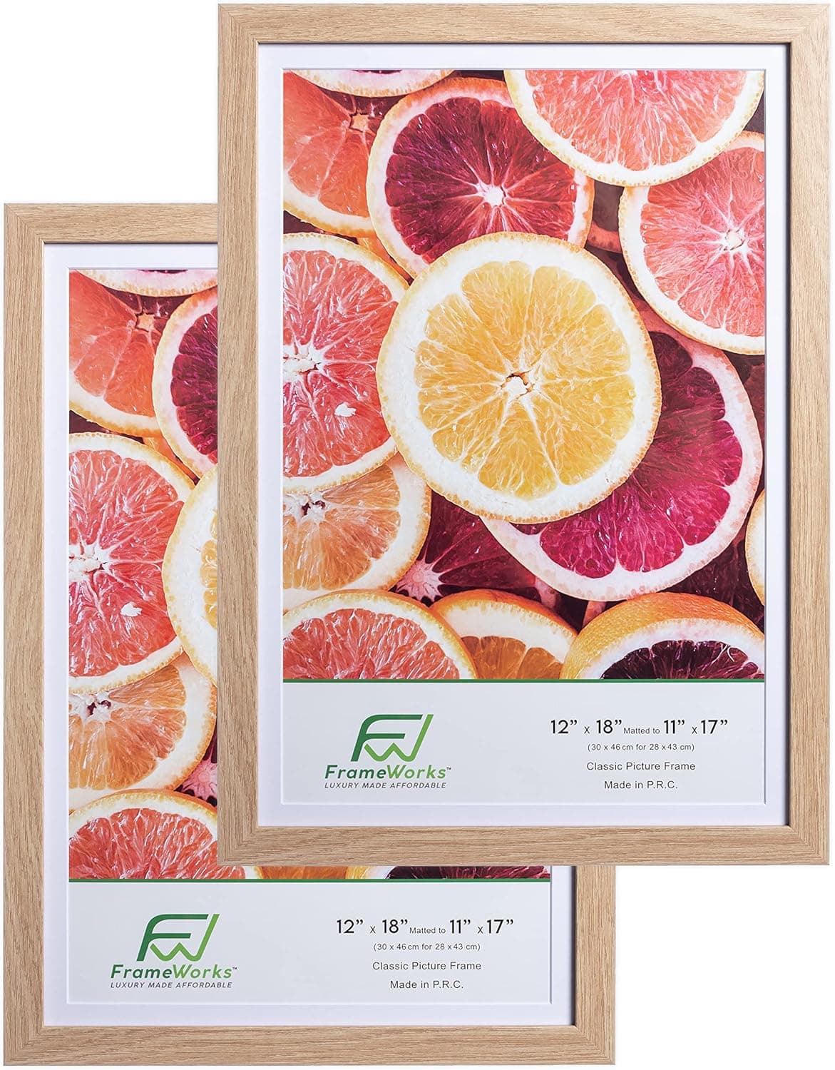 FrameWorks 12x18 mat to 11x17 Classic Wooden Picture Frames Tempered Glass/Natural Oak / 2-Pack
