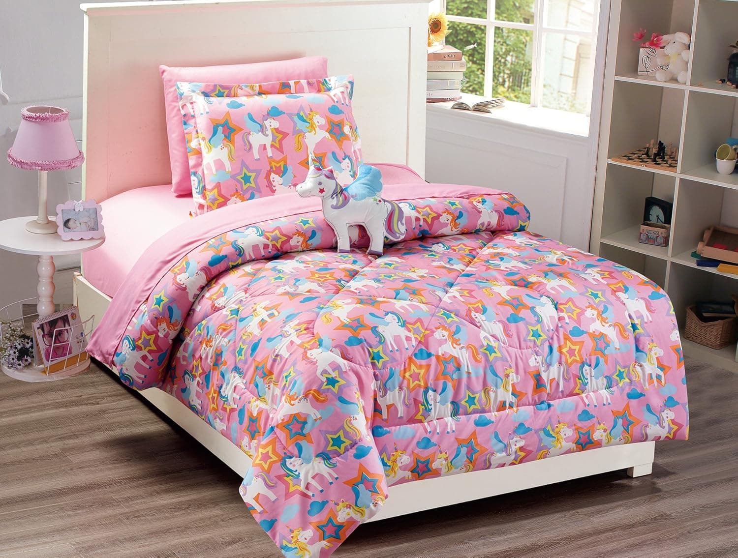 Elegant Home Multicolor Pink Purple White Blue Orange Unicorn Design Fun 6 Piece Comforter Bedding Set for Girls / Kids Bed In a Bag With Sheet Set and Decorative Toy Pillow No. Pony (Twin)