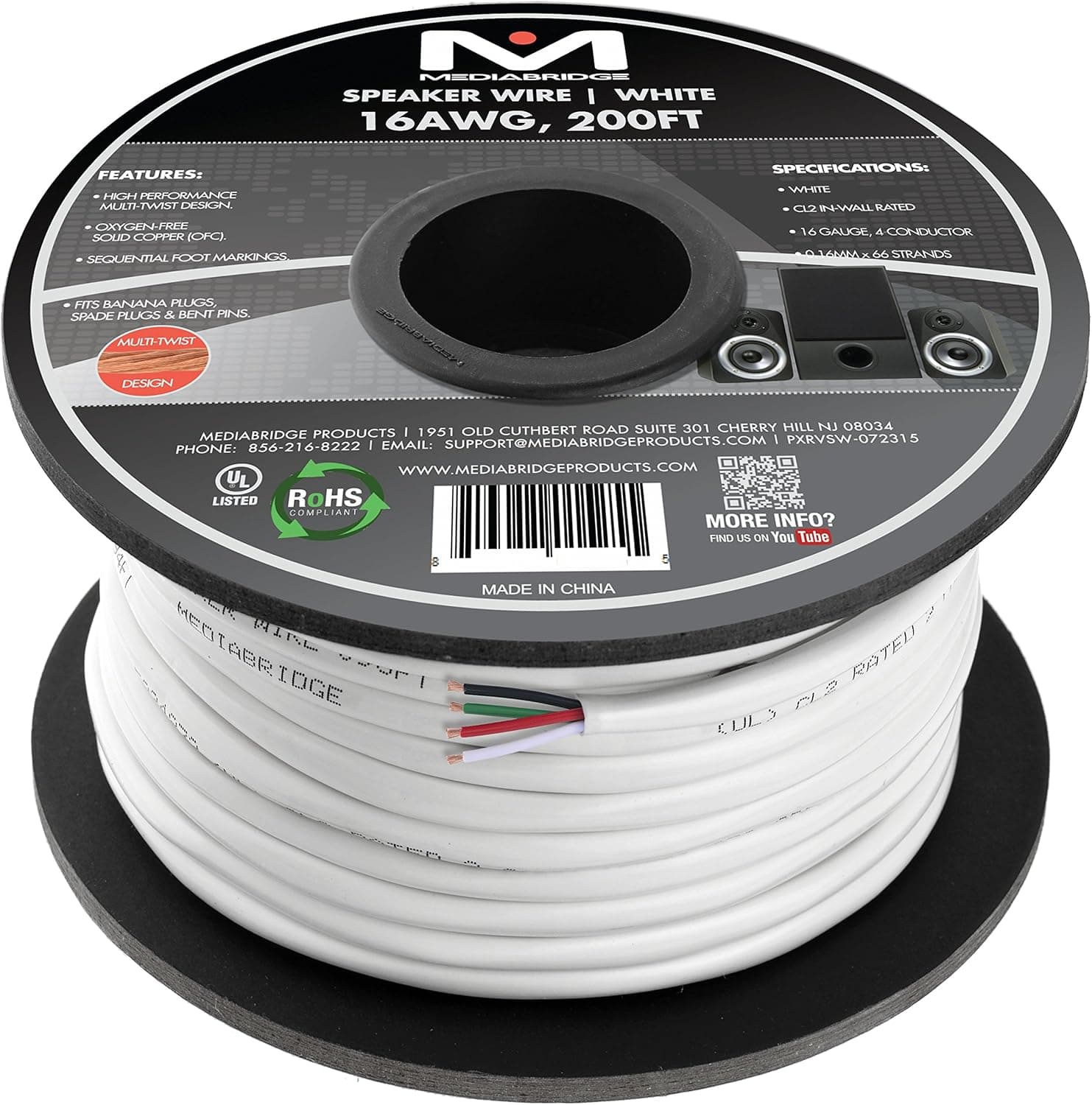 Mediabridge™ 16AWG 4-Conductor Speaker Wire (200 Feet, White) - 99.9% Oxygen Free Copper - UL Listed CL2 Rated for in-Wall Use (Part# SW-16X4-200-WH)