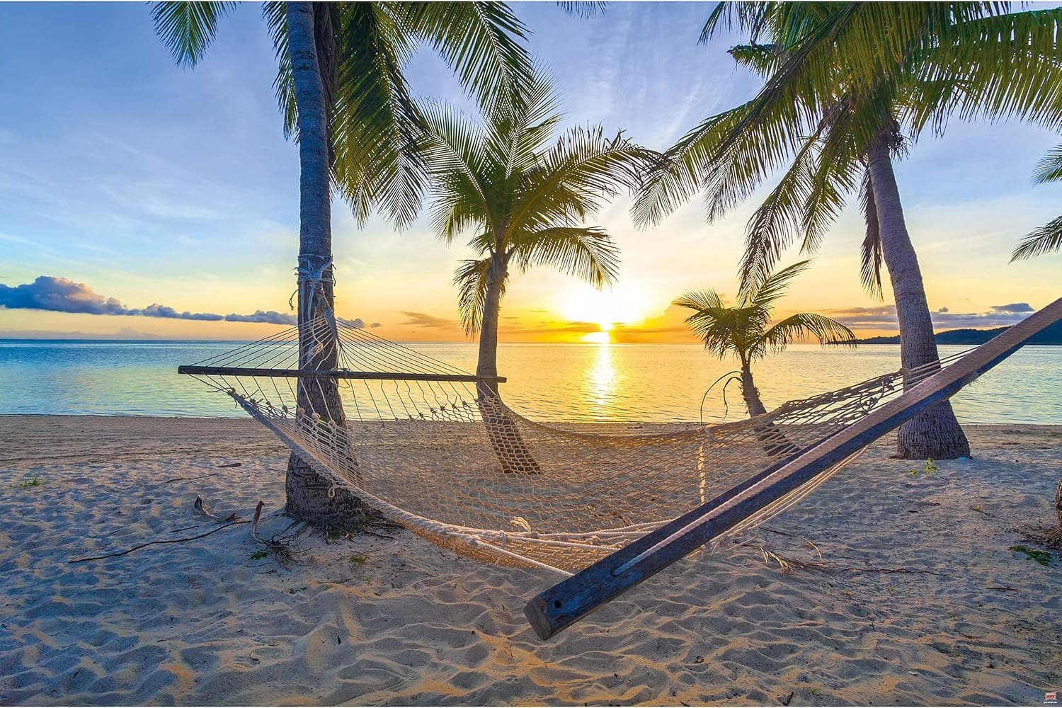GREAT ART Poster – Hammock at Palm Beach – Picture Decoration Sunset Caribbean Holiday Beach Coast Sea Coconut King Palm Tree Dusk Image Photo Decor Wall Mural(55x39.4in - 140x100cm)