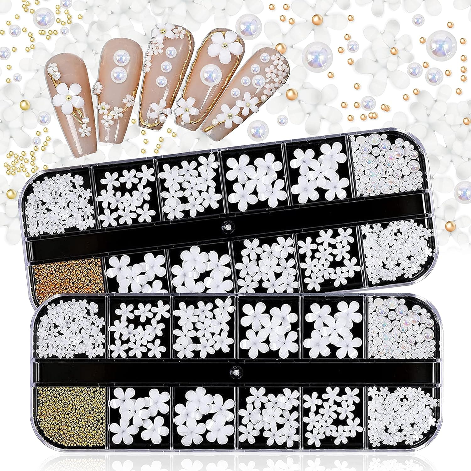 SILPECWEE 2 Boxes Nail Charms 3d Flowers For Nails Gold Nail Beads White Flower Nail Jewelry Nail Art Accessories With 1pc Tweezers, Picker Pencil