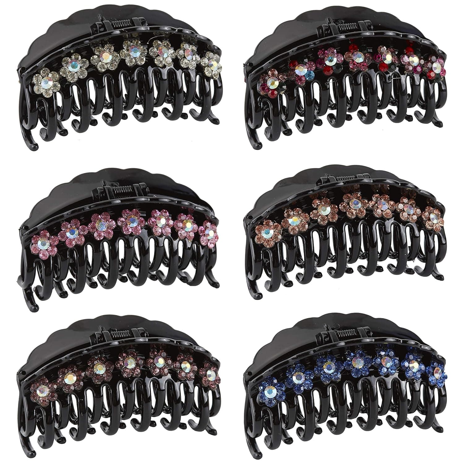 6 Pack Large Black Octopus Rhinestone Crystal Glitter Sparkly Plastic Hair Claw Clips Clutcher Crab Jaw Barrettes Grips Clamps Clasps Pin Buns Braids Twist Hair Up Fancy Accessories for Women Girl