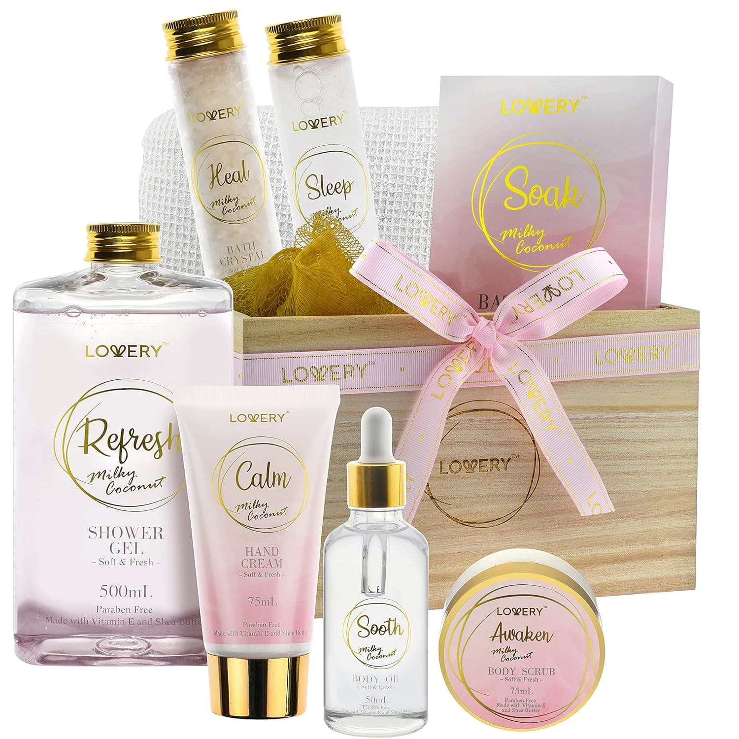 Fathers Day Bath Gift Set - Home Spa Gift Basket with Milky Coconut, Vitamin E & Shea Butter with Shower Gel, Bath Salt & Crystals, Body Scrub, Hand Cream, Body Oil, Bath Pillow, Wooden Crate & More