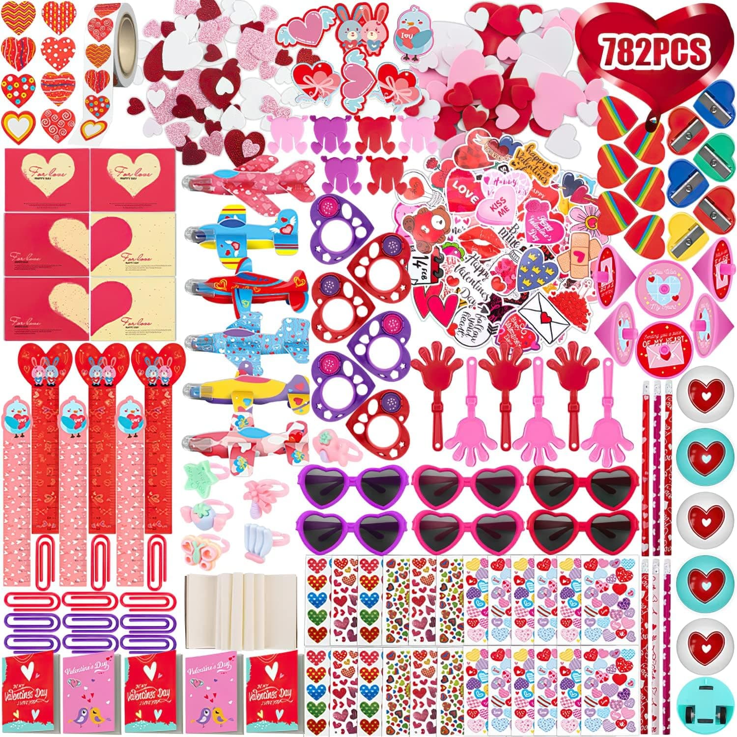 782Pcs Valentine's Day Party Favors Supplies, Heart Glasses Bracelets Heart Stickers Stamper Sticky Hands Tattoo Cards Bulk for Gift Exchange, Photo Props Kids Birthday School Classroom Rewards Prizes