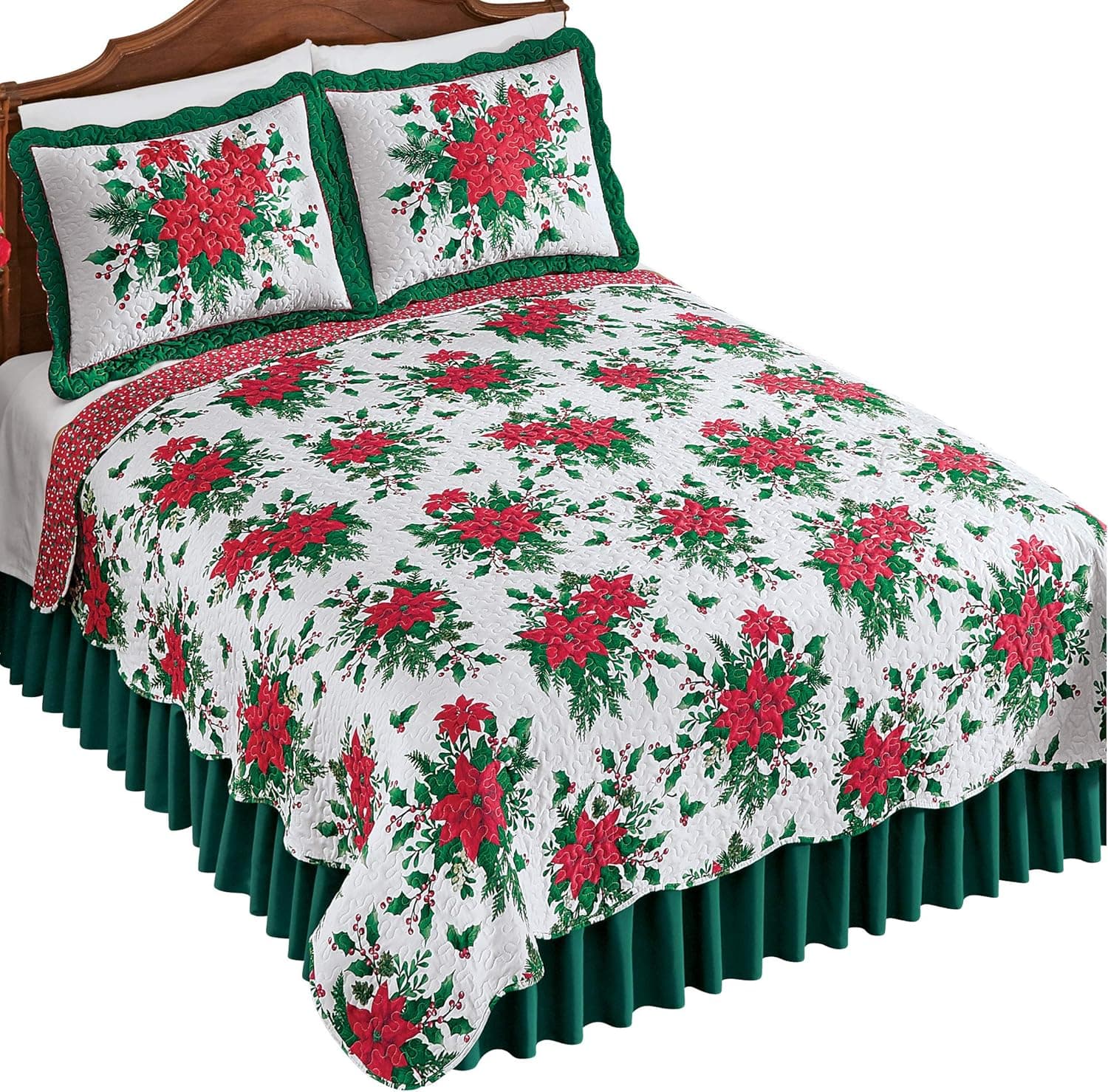 Collections Etc Festive Poinsettia Holly Quilt with Scalloped Edges - Holiday Bedroom Decor