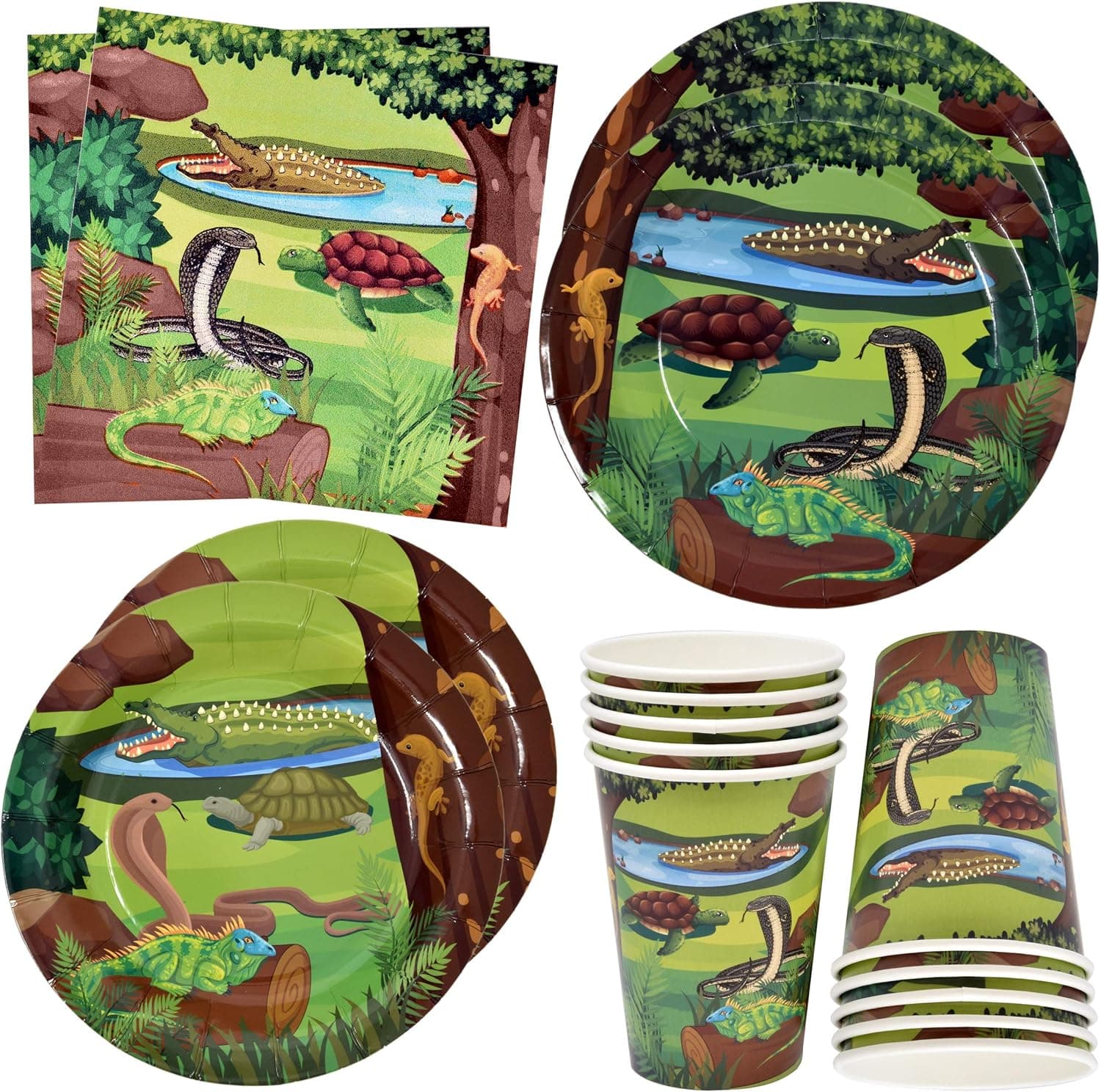 Reptile Lizard Snake Party Supplies Set 24 9" Paper Plates 24 7" Plate 24 9 Oz Cups and 50 Lunch Napkins for Camping Wildlife Snakes Alligator Turtle Wilderness Jungle Baby Shower Birthday Decorations