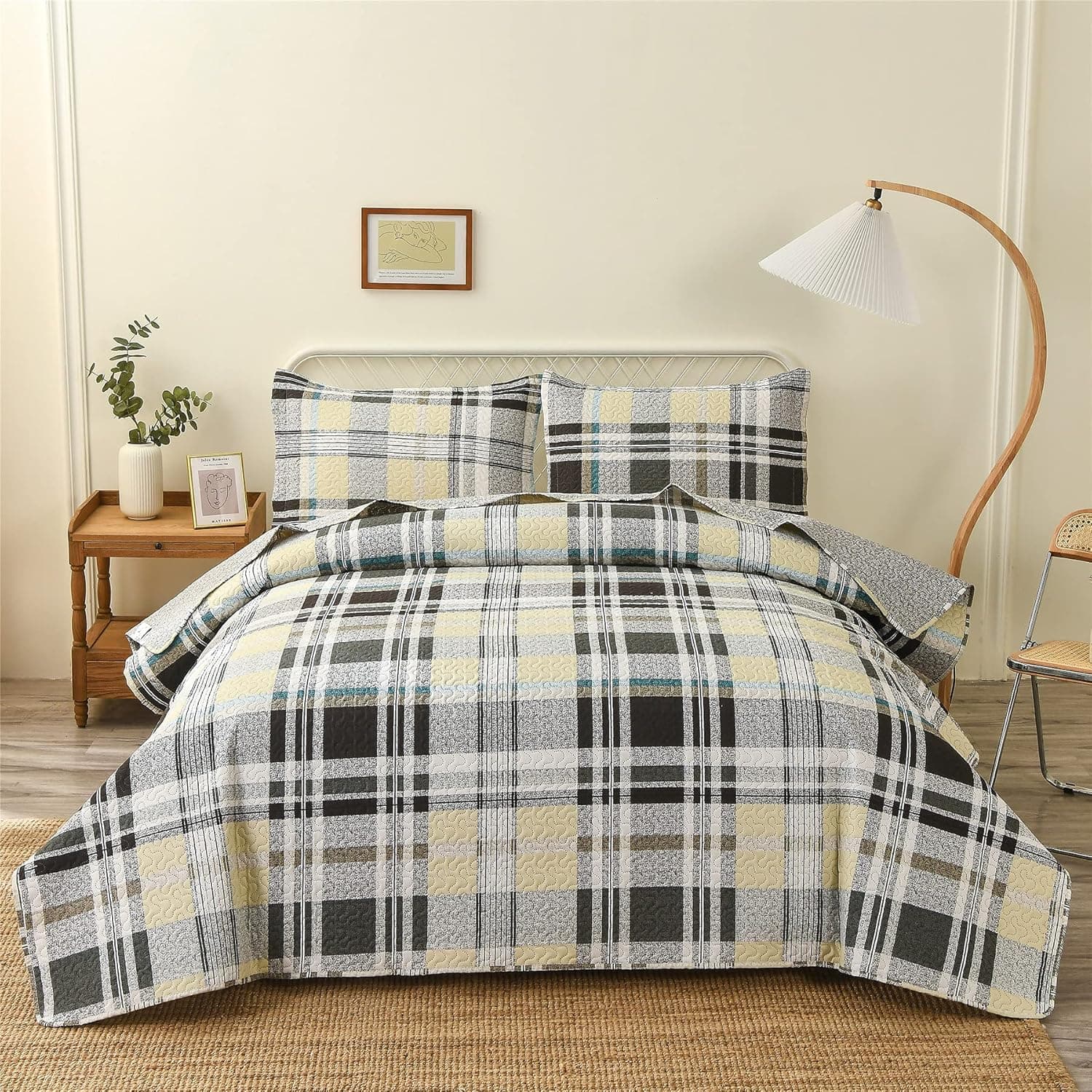 3 Piece King Size Plaid Printing Quilt Set Geometric Design All Season Breathable Coverlet Lightweight Bedspread Set Reversible Quilt Matching Shams Yellow/Green