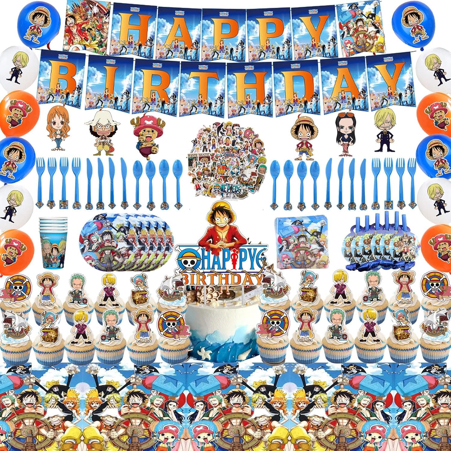 183 Pcs One Piece Birthday Decorations Happy Birthday Banner, Cake & Cupcake Toppers, Balloons, Stickers, Hanging Swirls, Blowouts, Napkins, Tablecloth, Dinner Sets for 10 Guests