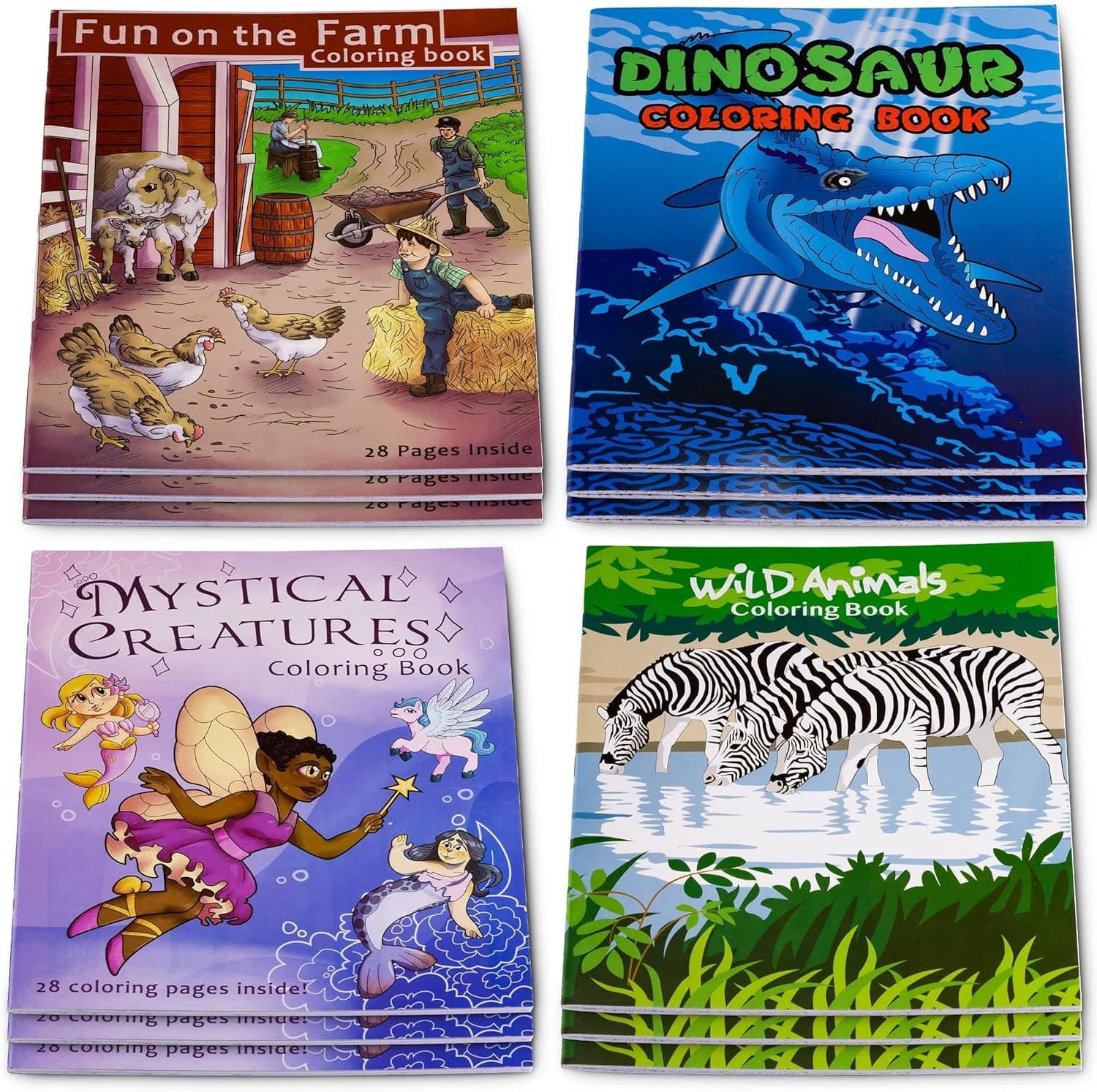 Coloring Books for Kids Ages (Pack of 12) Bulk Assorted Bundle - 3 of Each, Dinosaurs, Mythical Creatures, Animals and Farm for Birthday Party Favors, Gifts, Goodie Bags and Stocking Stuffers