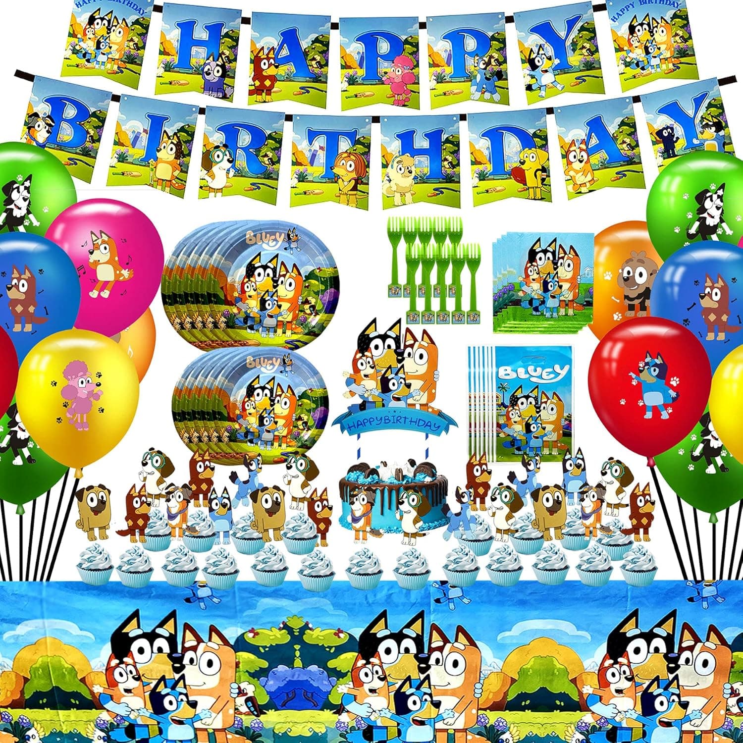 Bluey Party Favor Supplies, Bluey Party Birthday Decorations Include Banner, Cake Topper, Cupcake Toppers , Tablecover, Napkins, Plates, Forks, Gift Bags and Balloons Tableware for Kids Bluey Birthday Party Supply Favor For kids decoration