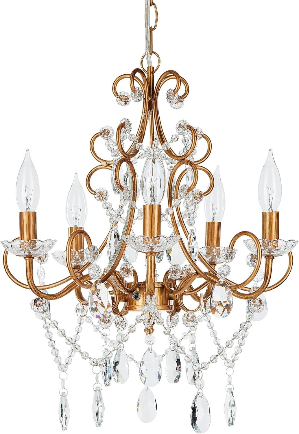 Amalfi Decor 5 Light LED Crystal Beaded Chandelier, Mini Wrought Iron K9 Glass Pendant Light Fixture Vintage Nursery Kids Room Dimmable Plug in Hanging Ceiling Lamp, Gold