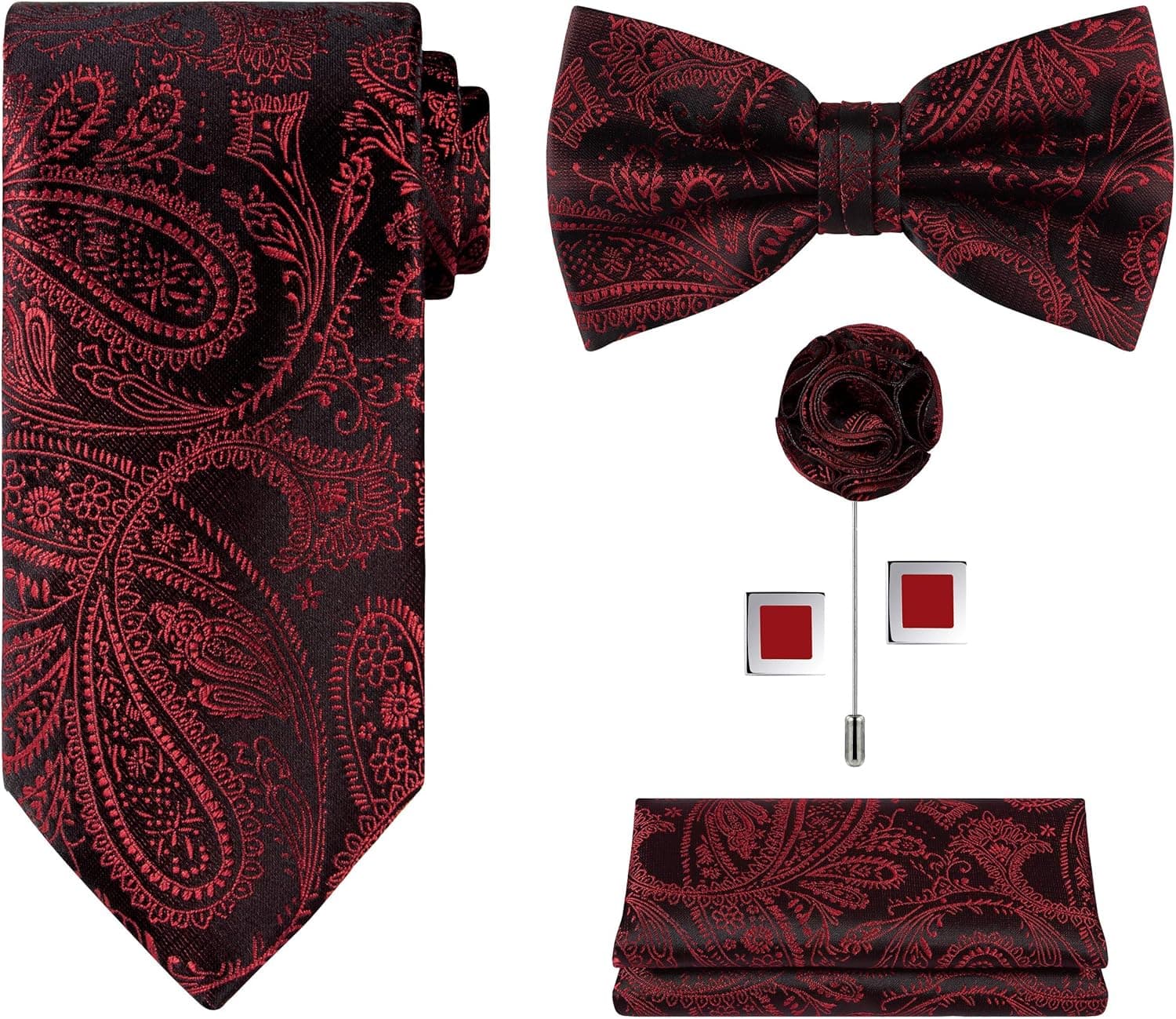 TIE G 5pcs Tie Set in Gift BOX WHITE OR BLACK: Solid Color Necktie, Satin Bow Tie, Pocket Square, Lapel, Cuff Links