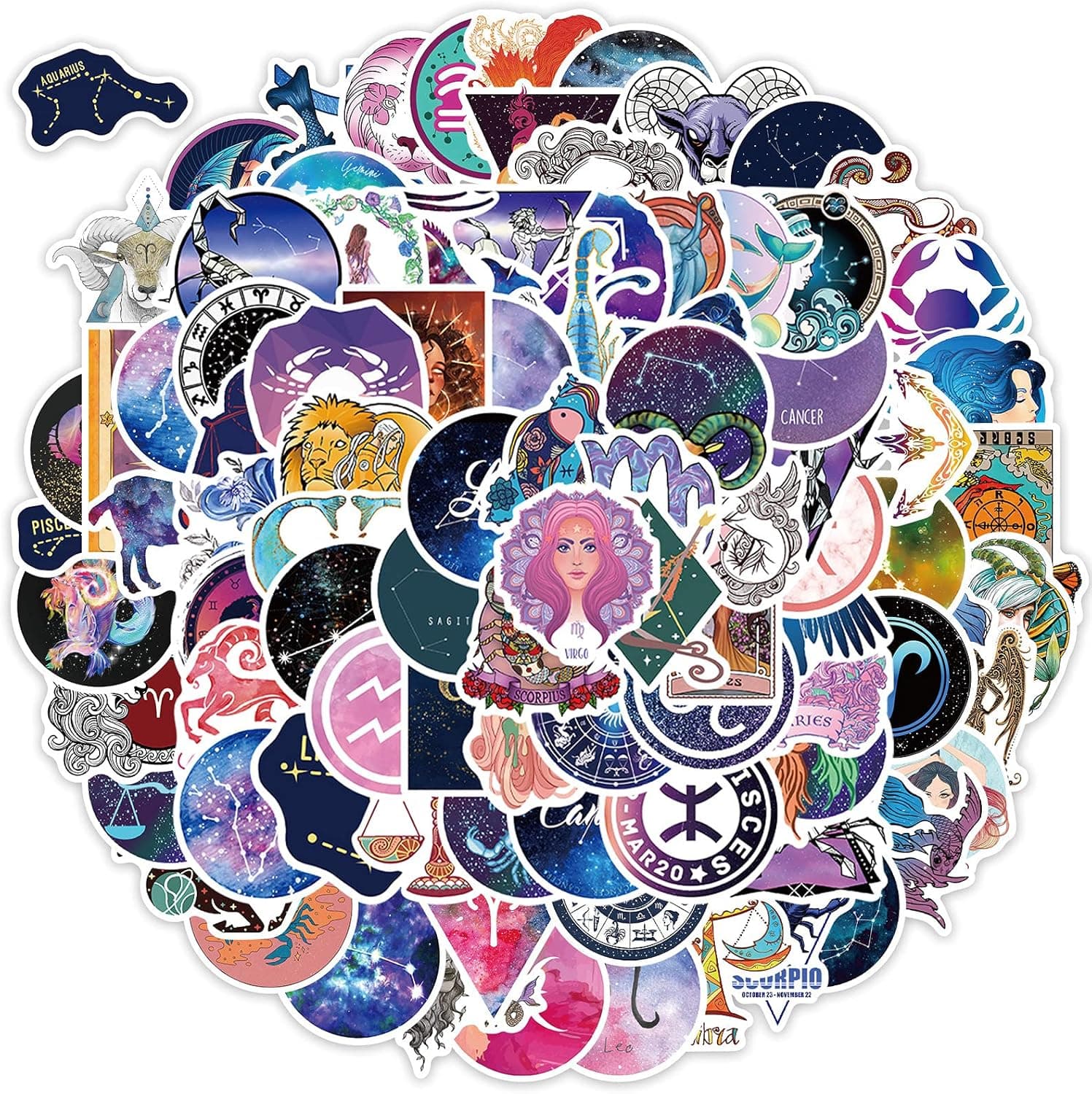 Sticker Junkies 100PCS Zodiac Twelve Constellations Stickers Galaxy Vinyl Waterproof Stickers Divination Tarot Magic Decals for Laptop Helmet Water Bottles Bicycle Phone.