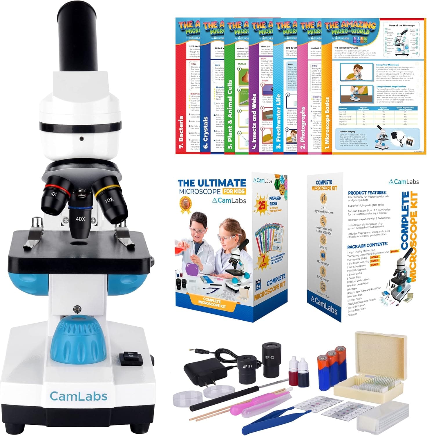CamLabs Microscope for Kids - 3 Magnification Levels - 40x, 100x, 400x - Includes 25 Specimen Slides, Science Experiments & Accessories - Portable Student Microscope