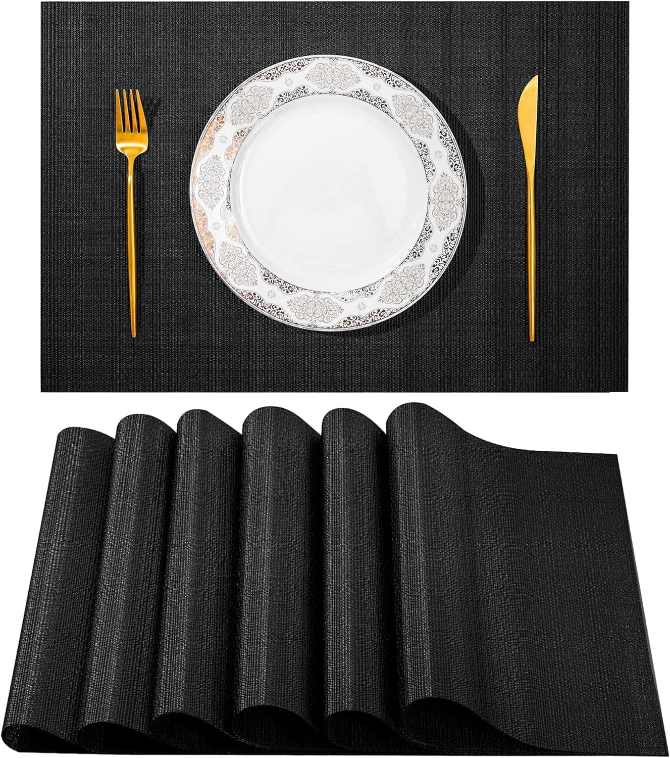Vinyl Placemats Set of 6 - Easy Clean Modern Durable Washable Table Placemats - Heat Resistant Non Slip Placemats for Kitchen Table - PVC Table Mats for Dining Table (Navy Blue),16.93x11.8 Inch