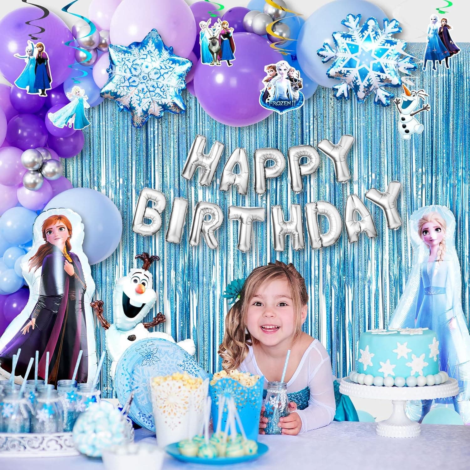Frozen Birthday Party Supplies,104pcs Frozen Party Decorations include Happy Birthday Balloons, Elsa Anna Olaf Foil Balloon,Hanging Swrils,Latex Balloons Set, Fringe Curtain Streamer