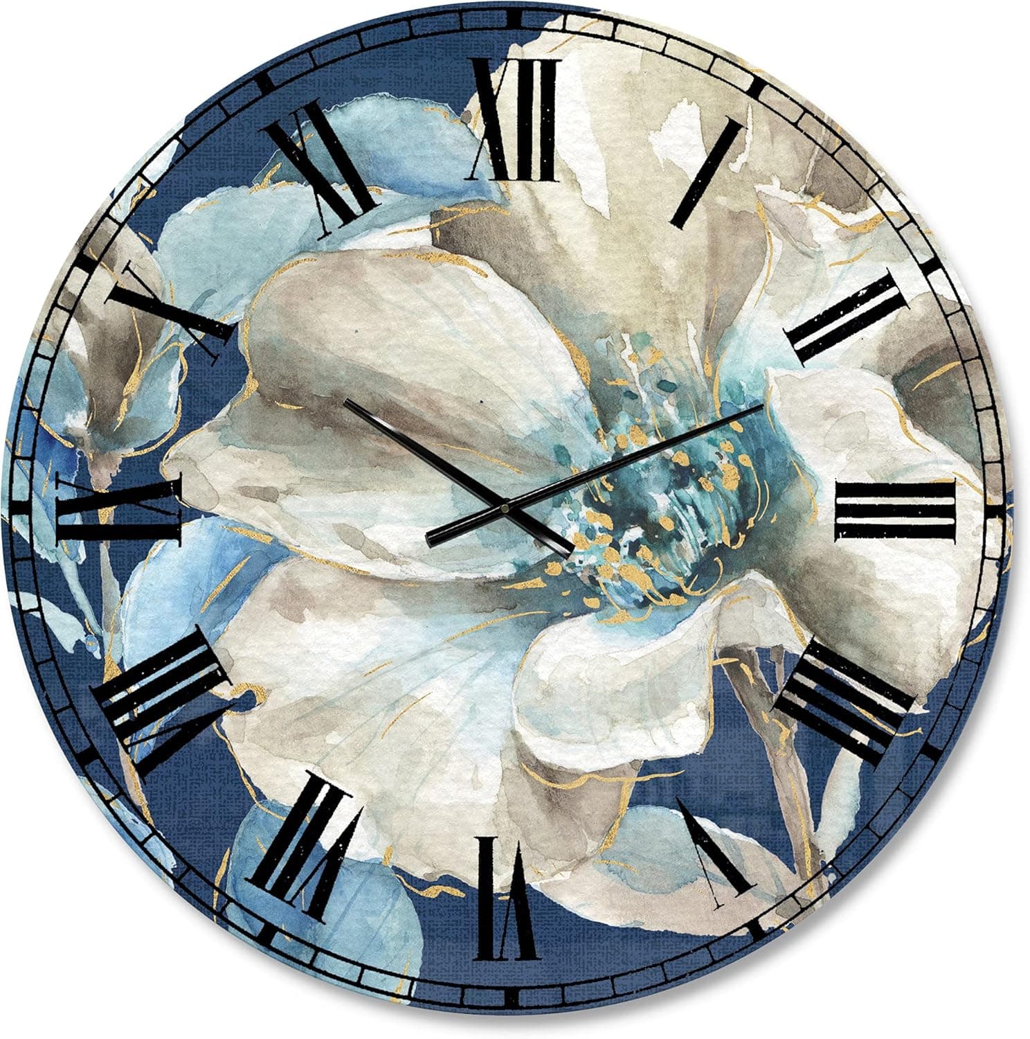 DesignQ 'Indigold Watercolor Floral' Traditional Wall Clock for Home Bedroom Bathroom Office Living Room Decoration,Clock-TOP 20