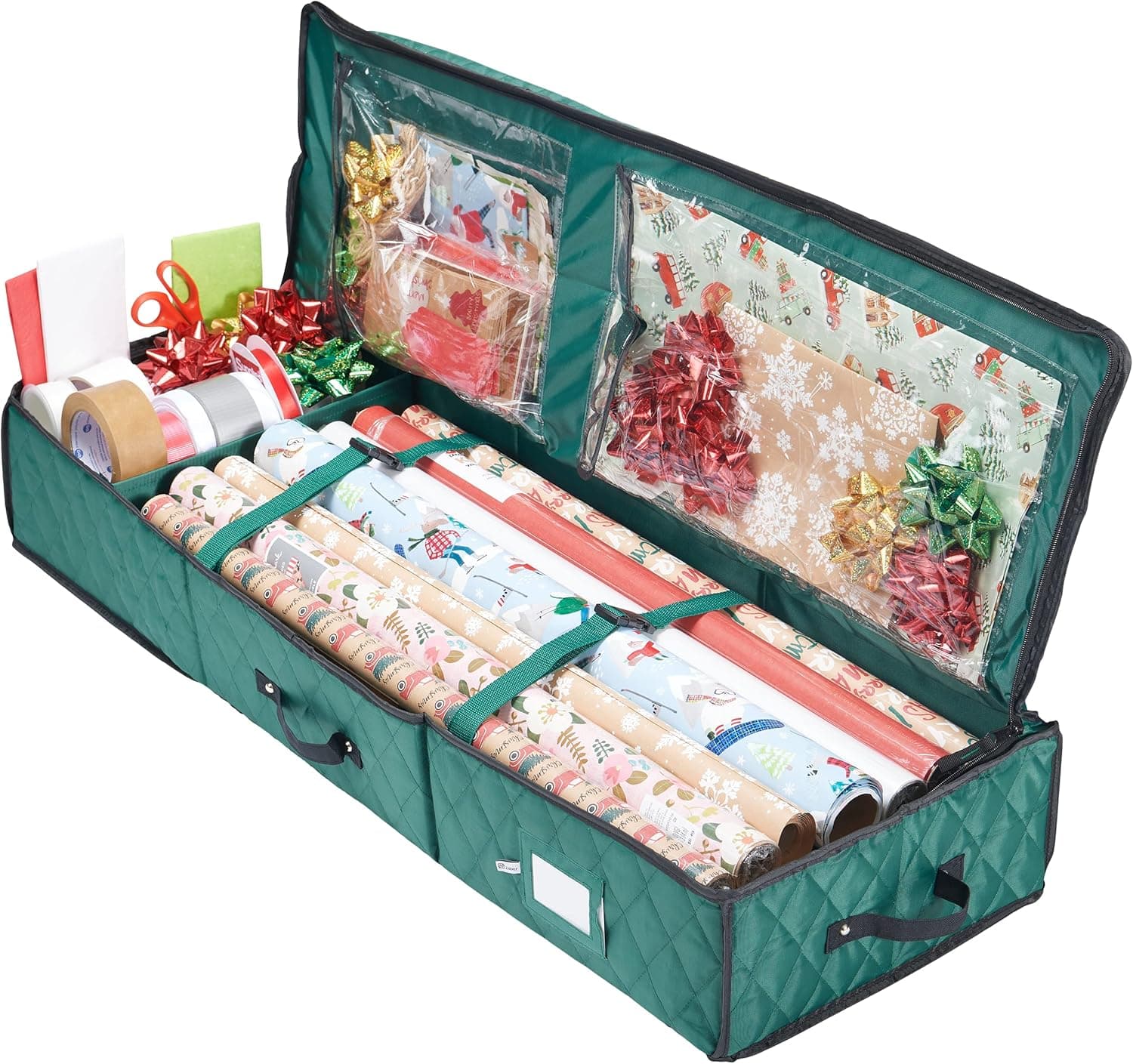 ZOBER Wrapping Paper Storage Containers - 40.5x14x6 Inch, Quilted, Duffle Bag-Style Gift Wrap Organizer and Storage Bag w/Wheels, Zipper and Double Handle for Christmas Decorations - Green