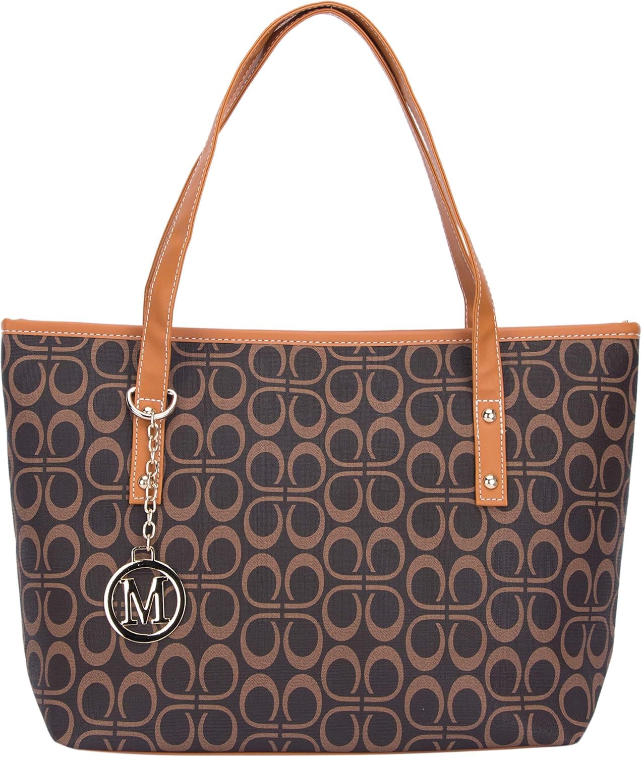 Micom Casual Signature Printing Pu Leather Tote Shoulder Handbag with Metal Decoration for Women (P style)