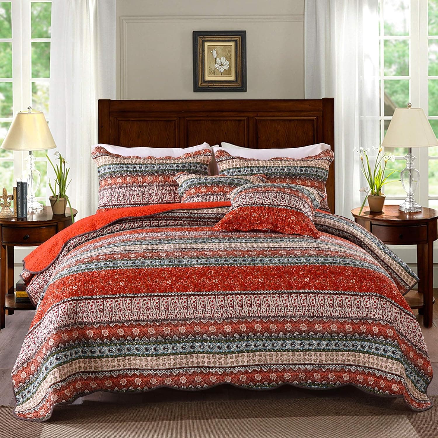 MaiuFun Cotton Bedspread Quilt Sets King Size (96x108 Inch), Retro Red Classical Striped Bohemian Floral Patchwork Patterns, 3-Piece Bedding Coverlet for All Season (1 Quilt + 2 Pillow Shams)