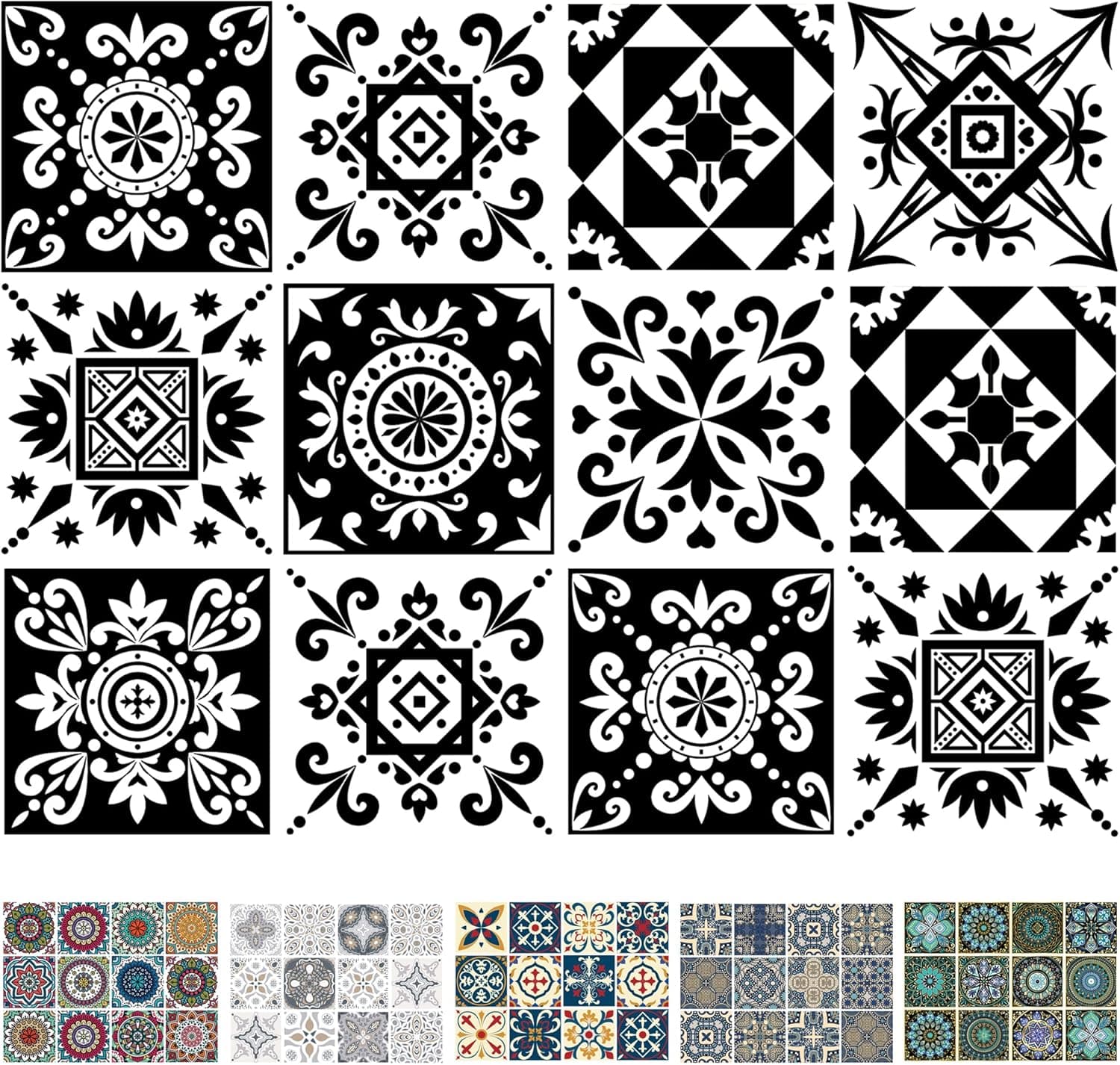 AINNO Decorative Tile Sticker, Removeable Waterproof Vinyl Self Adhesive Wall Tile Decals,12 Pcs 6x6 inch Peel and Stick Backsplash for Kitchen Bathroom Home Decor Black White