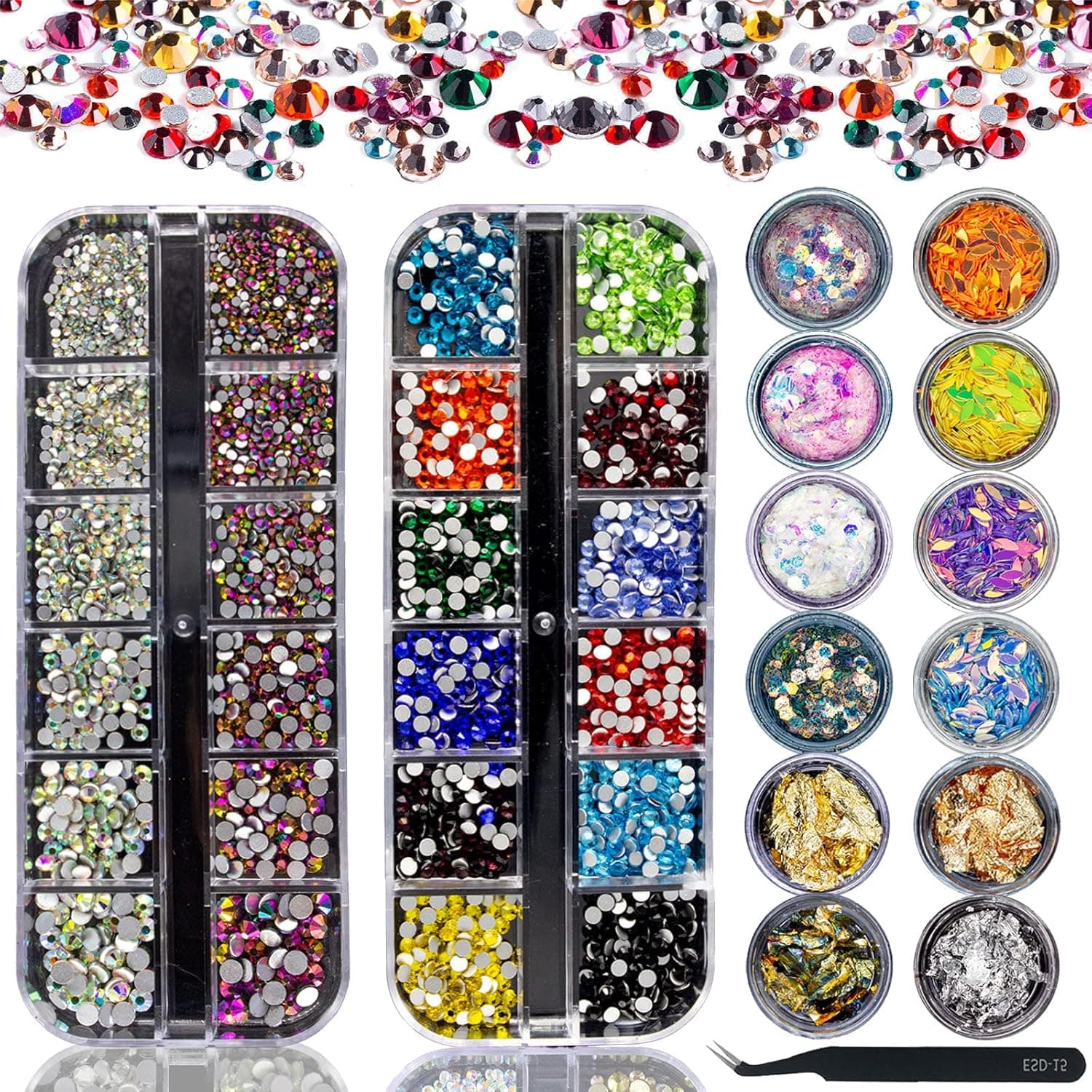 Nail Gems, 2134pcs Nail Rhinestones and Nail Art Kit,Rhinestones and Nail Art Accessories,12 pots of Nail Art Foil Flakes and Glitter Nails Sequins from Dragonflying Nail Art Rhinestones