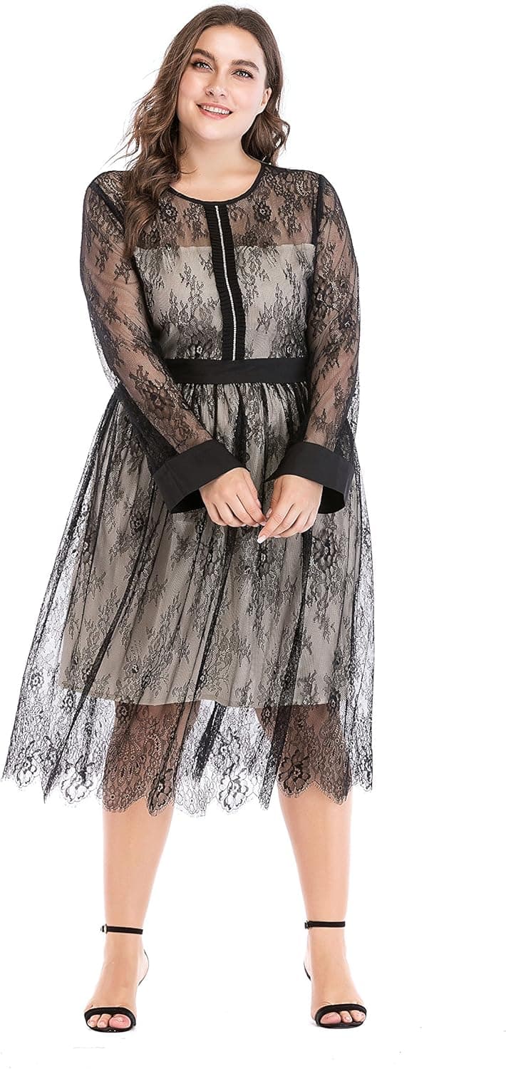 ESPRLIA Women's Plus Size Fit and Flare Floral Shirt Dress (Black, 18W)