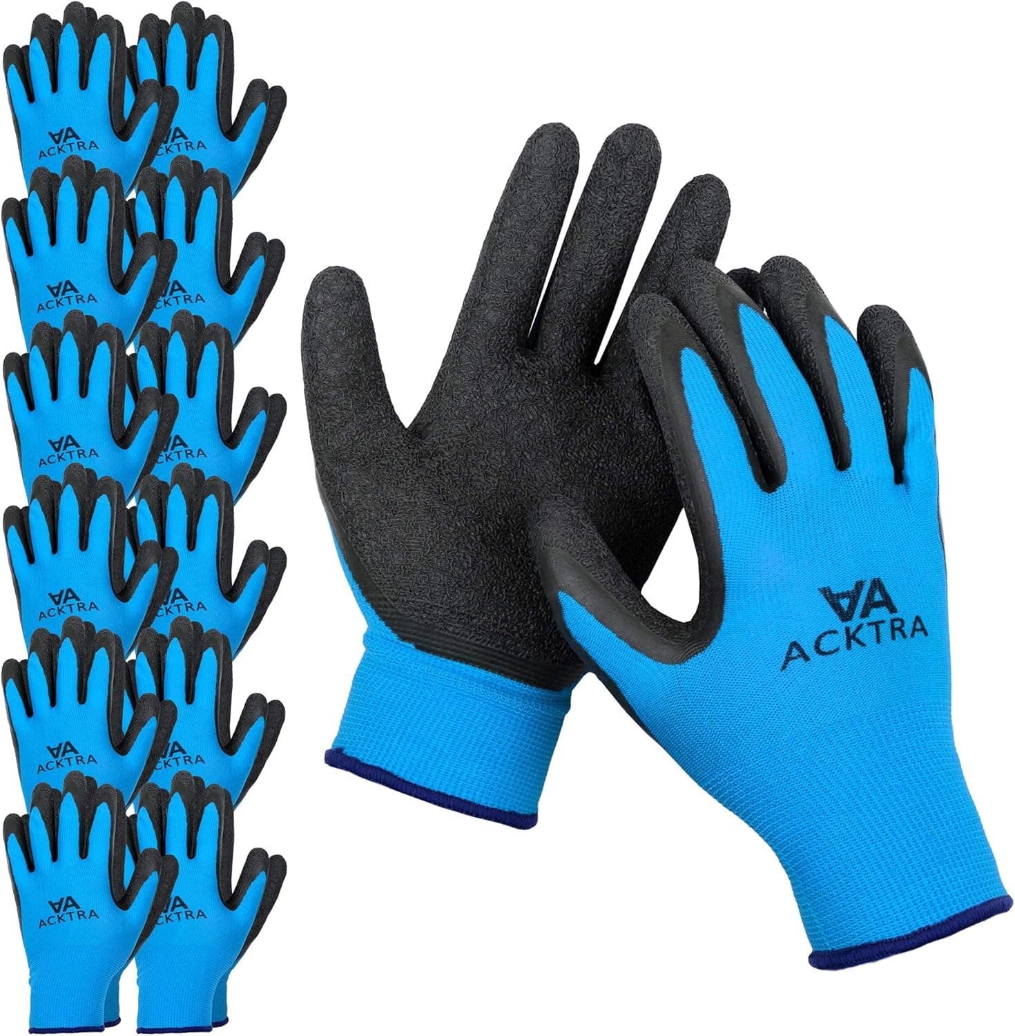 ACKTRA Coated Nylon Safety WORK GLOVES 12 Pairs, Knit Wrist Cuff, Multipurpose, for Men & Women, WG008 Blue Polyester, Black Latex, Medium