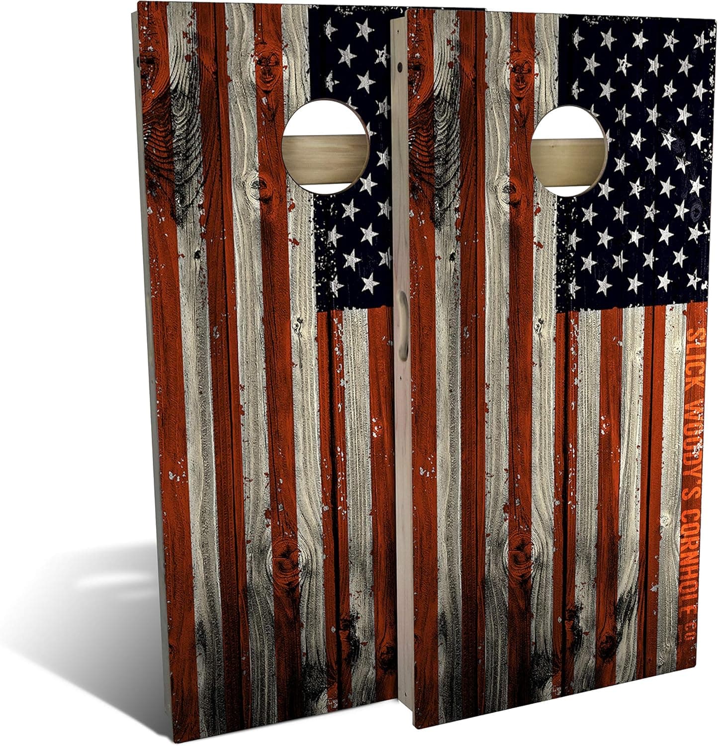 Slick Woody’S Verticle American Flag Cornhole Set with 8 Cornhole Bags, Baltic Birch Plywood Tops for The Smoothest Flattest Playing Surface, Retractable Legs and Back Bounce Brace