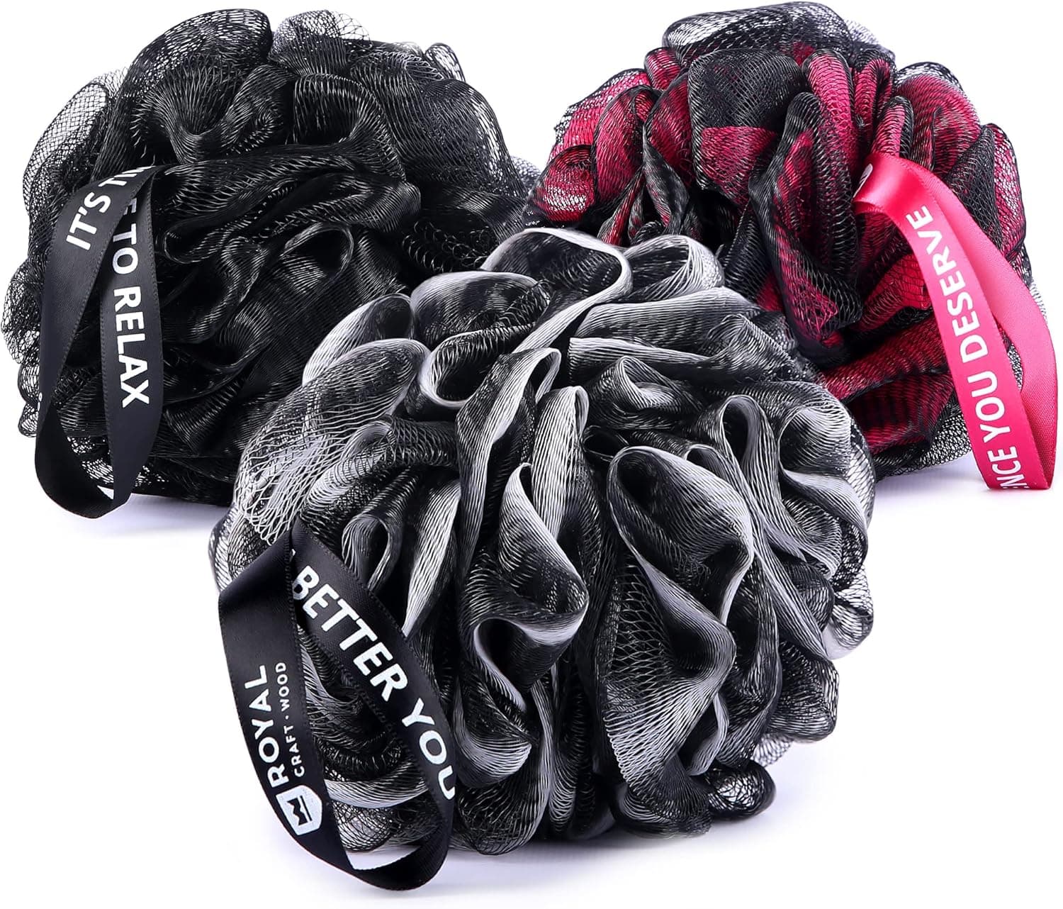 ROYAL CRAFT WOOD Loofah Charcoal Bath Sponge XL,75g 3 Pack, Extra Large Mesh Pouf Soft Scrubber Bathing Accessories, Exfoliating Loofah Body Sc Black
