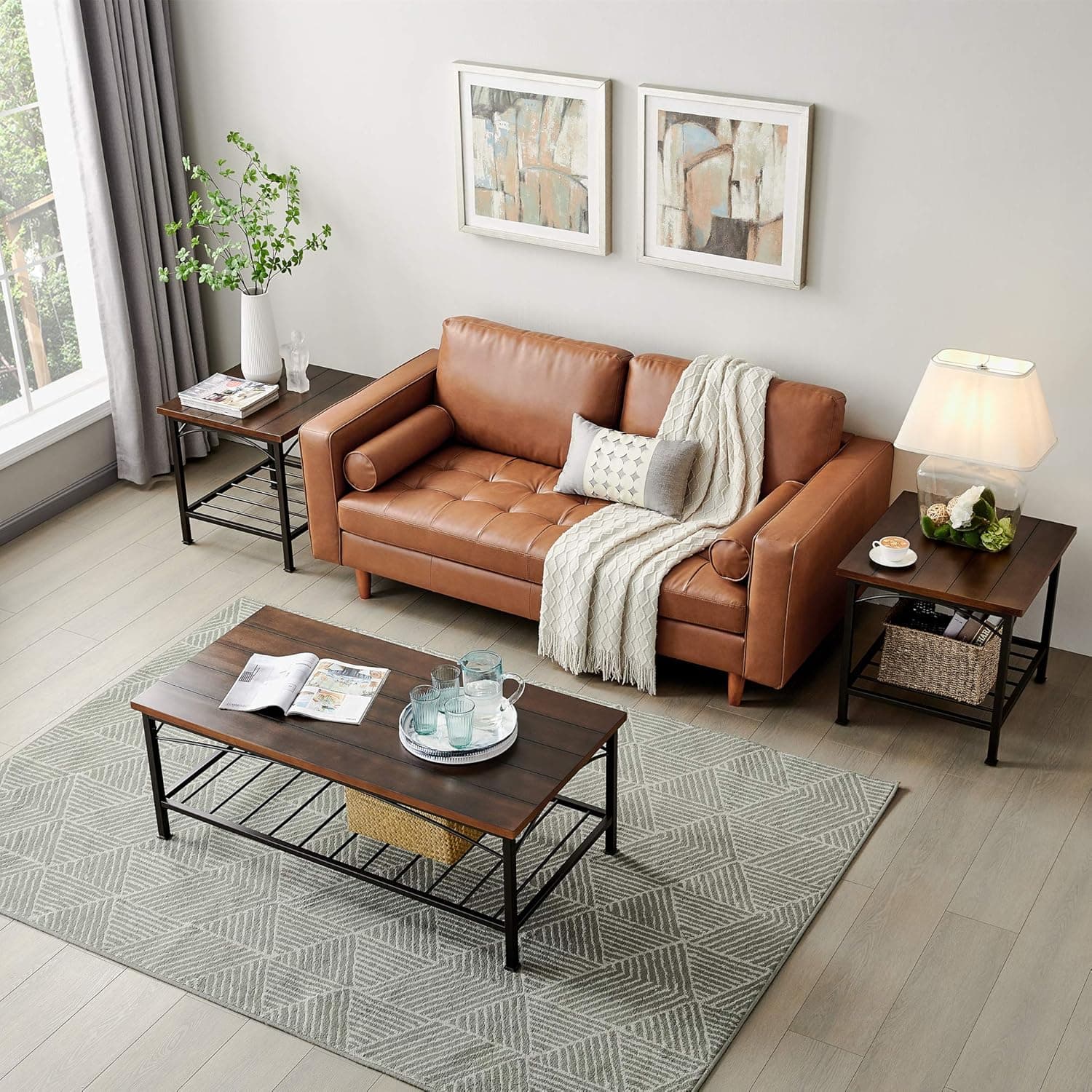 3 Piece Coffee Table Set for Living Room, Sofa Table Set Includes 1 Coffee Table and 2 End Table, Coffee Table with Wood Panels and Metal Frame, Living Room Furniture, Brown with cambered bottom