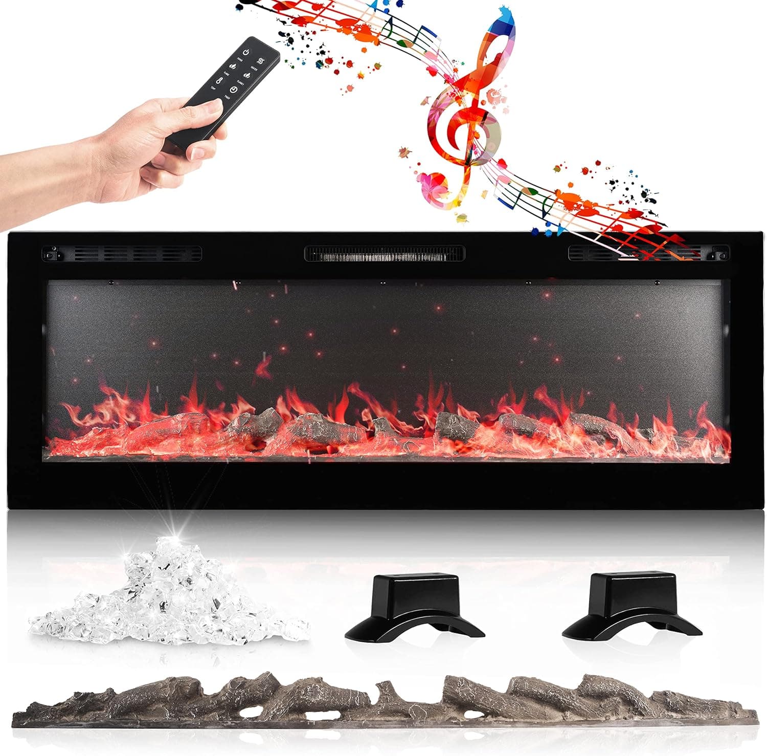 Chic&Cozy Electric Fireplace Inserts | 42" Wall Mounted Fireplace with Base Legs & Bluetooth Speakers | 10-Color led Fireplace | Wall Fireplace Electric with Remote Control, Touch Screen & WiFi App