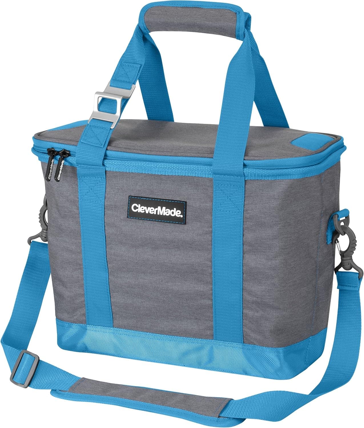 CleverMade Collapsible Cooler Bag with Shoulder Strap: Insulated Leakproof 30 Can Portable Soft Beverage-Tote with Bottle Opener for Camping, Lunch, Beach, Picnic; Grey/Blue, 20L