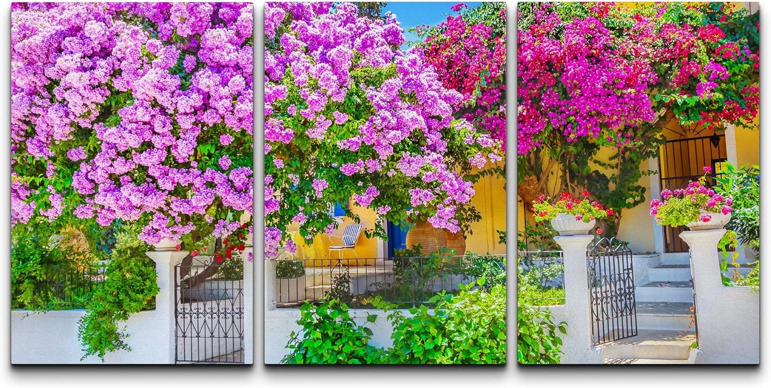 wall26 - 3 Piece Canvas Wall Art - House with Bougainvillea - Modern Home Art Stretched and Framed Ready to Hang - 16"x24"x3 Panels