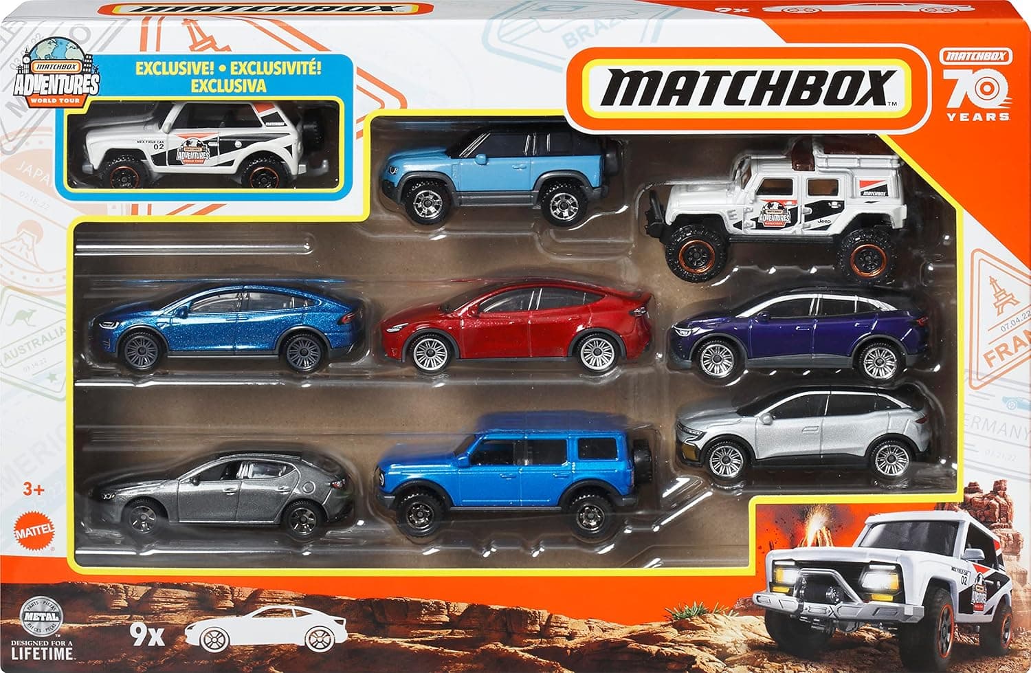 Matchbox Cars, 9-Pack of 1:64 Scale Toy Trucks & Vehicles From the Adventures World Tour Show, 1 Exclusive Vehicle
