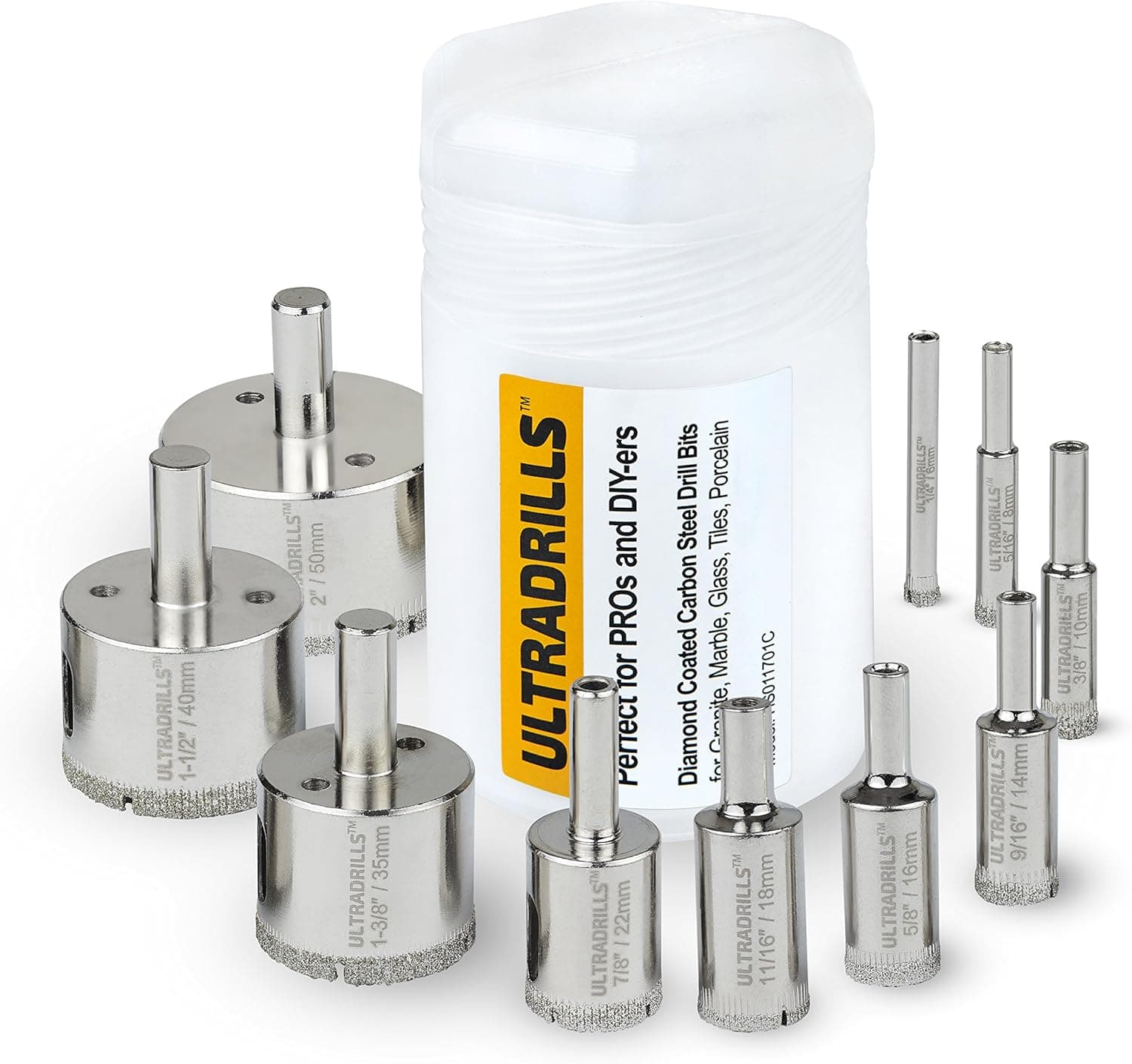 Diamond Hole Saw Drill Bit Set 10 Pcs (1/4" - 2") Nickel Coated Carbon Steel for Ceramic and Porcelain Tiles, Glass, Marble, Granite with Easy Chip Removal Holes and Tool Storage Case by ULTRADRILLS