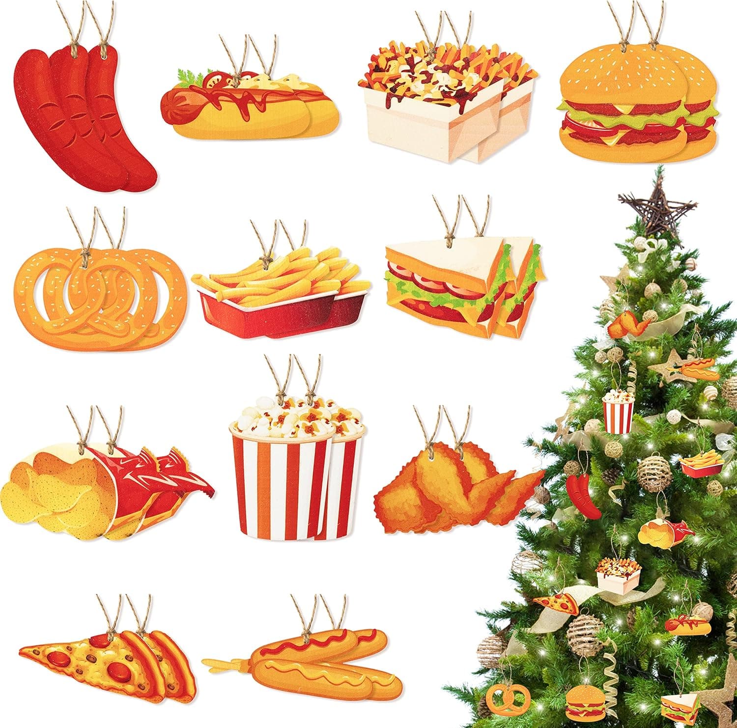 Haooryx 37PCS Ballpark Foods Hanging Wood Ornaments Popcorn Chicken Hamburger Pizza Wooden Decorative Slices Fast Food Ornament for Valentines Tree Holiday Party Farmhouse Decorations