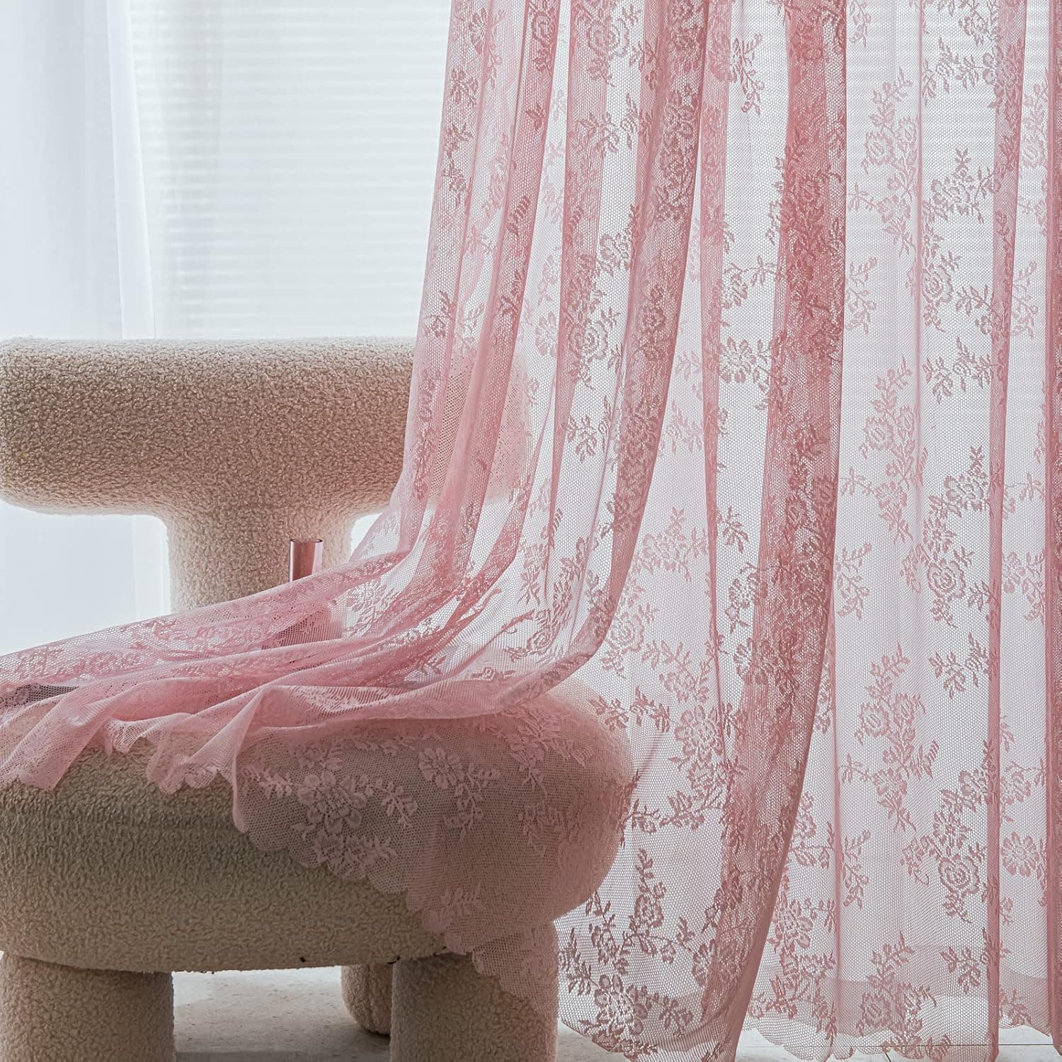 Deeprove Lace Curtains 72 Inch Length 2 Panels Set, Blush Pink Sheer Floral Embroidery Vintage Window Panel Treatment Pair Ruffled Decor Privacy Tulle Drape for Girls' Bedroom, Rod Pocket, W57 x L72