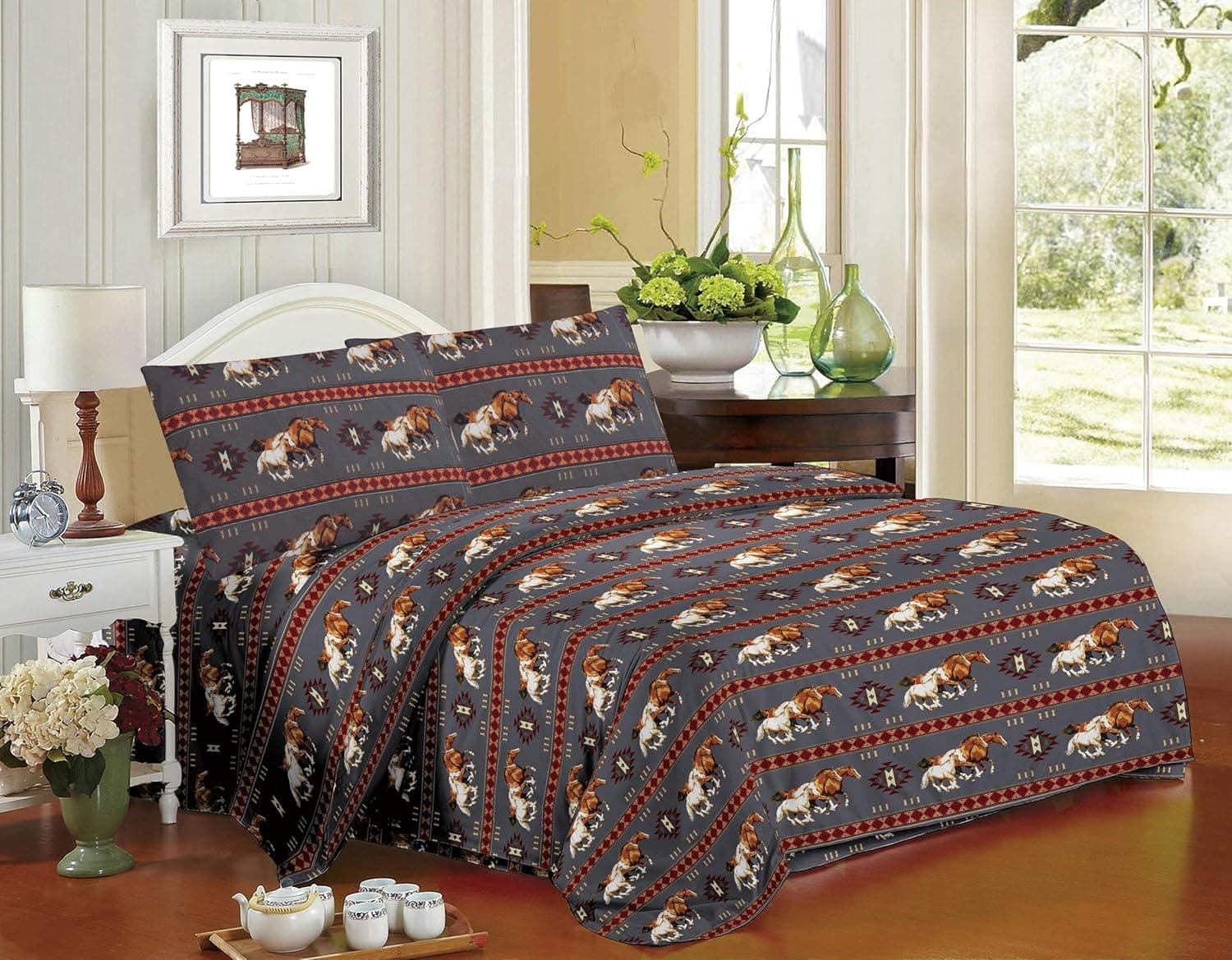 Rugs 4 Less Equestrian Rustic Southwestern Native American Western Cowboy Sheet Set with Running Mustangs and Tribal Patterns - Horse Stampede Grey Queen Sheet