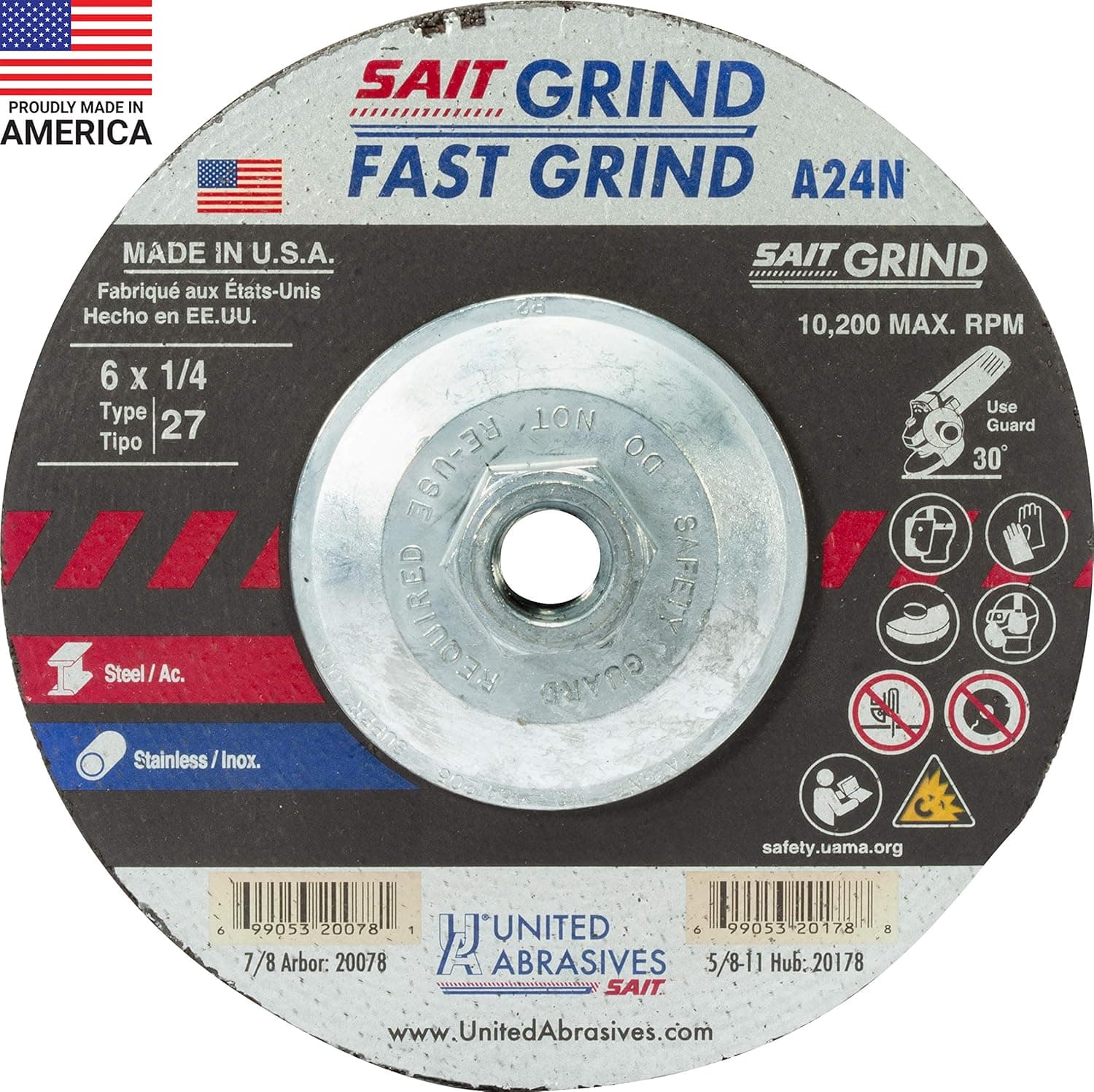 United Abrasives-SAIT 20178 A24N Fast Grinding Wheel 6" x 1/4" x 5/8-11" Type 27 with Super-Lock™ Hub, 10 Pack