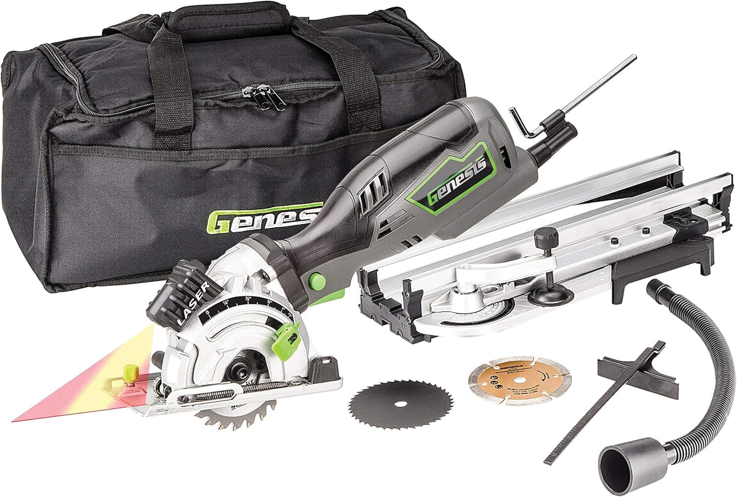 Genesis GPCS535CK 5.8 Amp, 3-1/2” Control Grip Plunge Compact Circular Saw Kit with Laser, Miter Base, 3 Assorted Blades, Vacuum Adapter Hose, Rip Guide & Carrying Bag (Renewed)