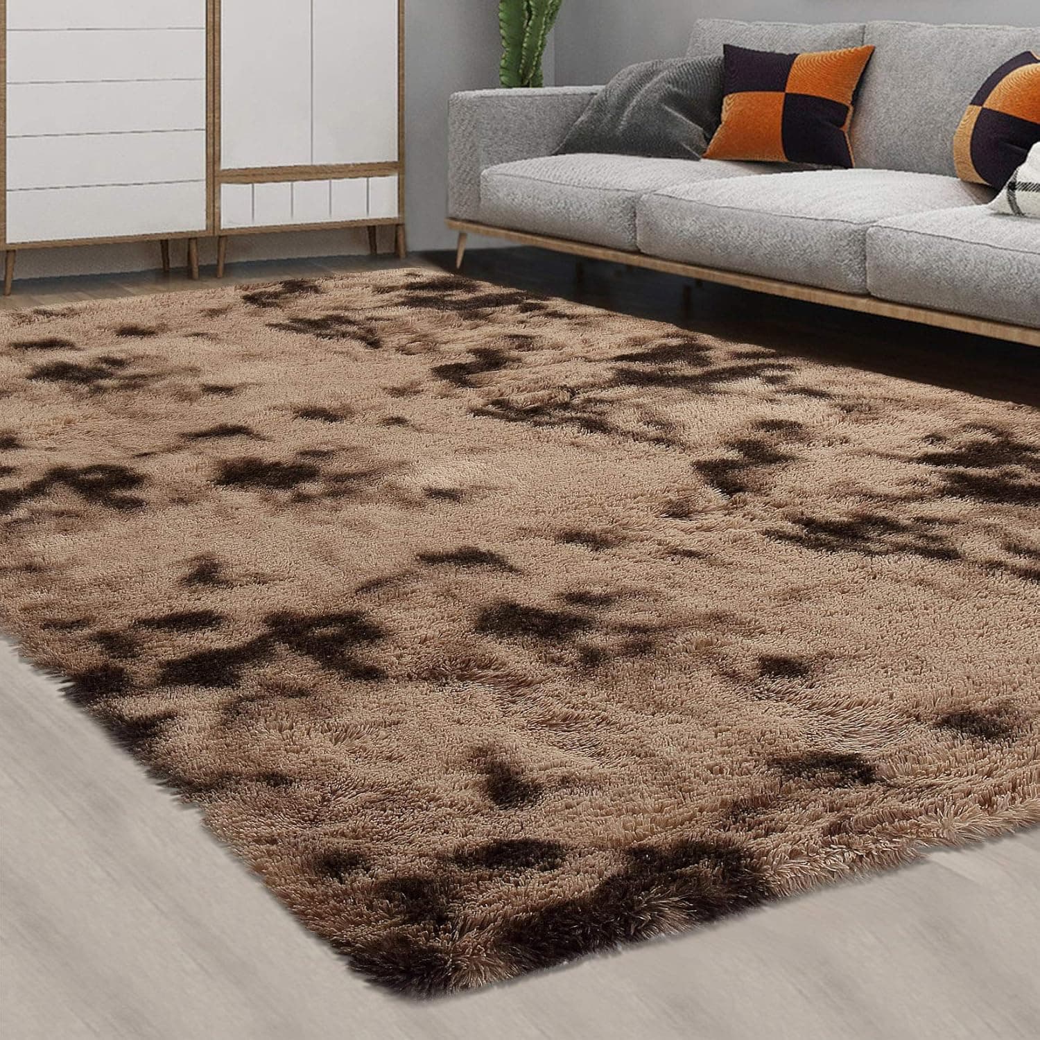 CAROMIO Fluffy Area Rugs for Living Room, Soft and Thick Faux Fur Plush Tie Dye Area Rug Indoor Shag Rug Home Decor Nursery Rug Carpets for Bedroom, Coffee, 5' x 8'