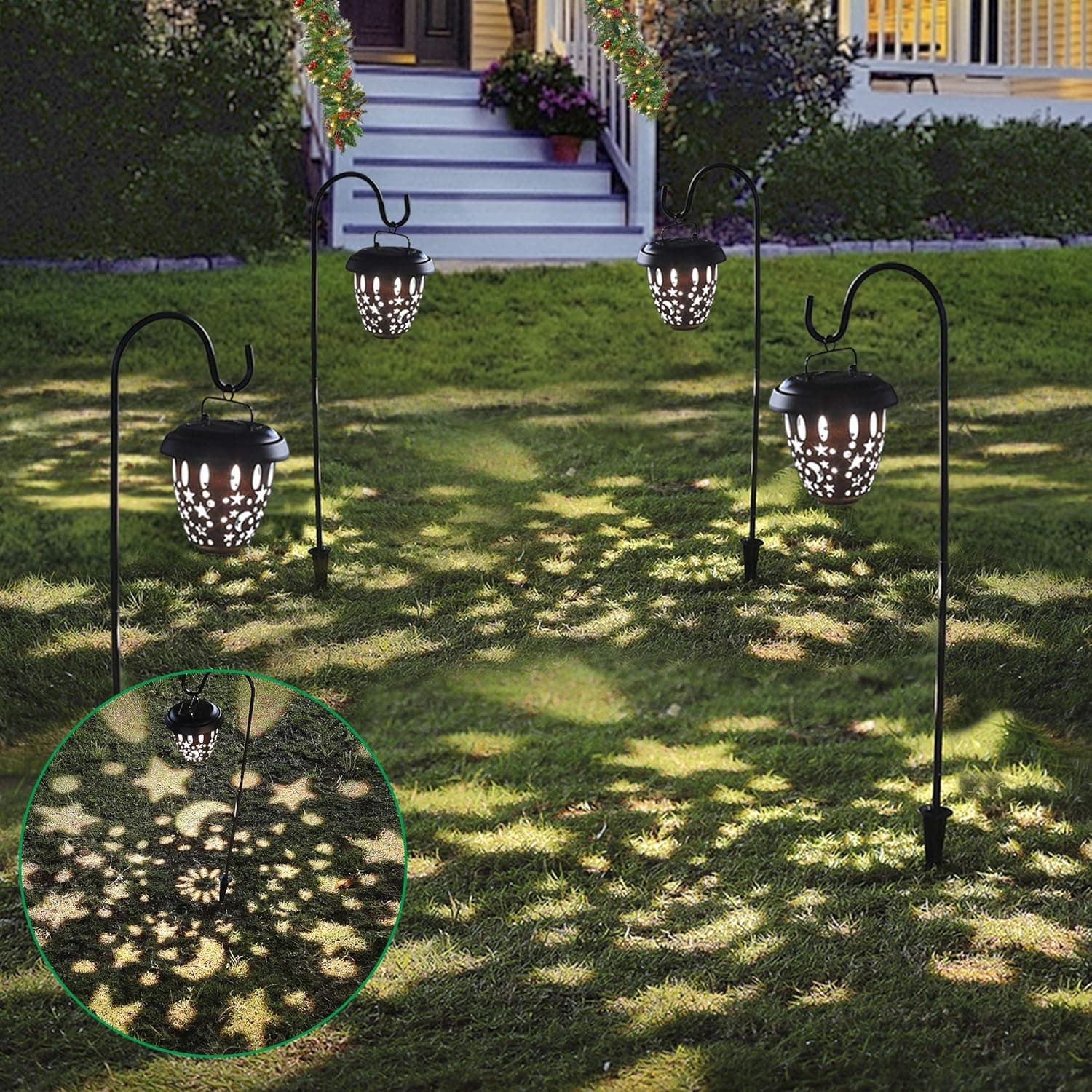 MAGGIFT 4 Pack Hanging Solar Lights Dual Use Shepherd Hook Lights with 4 Shepherd Hooks, 26.5 Inch 15 Lumen Beautiful Star &Moon Pattern of Light Christmas Outdoor Solar Coach Lights