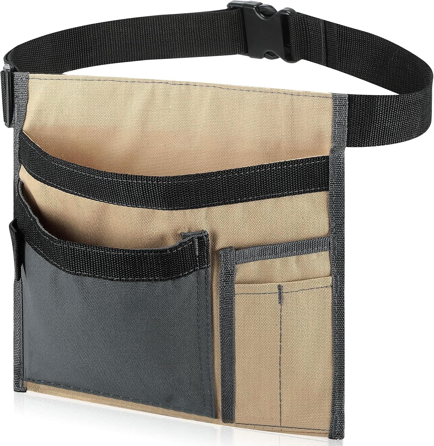 Talltalk Electrician Tool Pouch 5-Pocket Single Side Tool Belt Pouch Electrician Tool Bag Tool Organizer Bag with 8.3 Inch White Work Gloves for Workshop Storage Wood Working Tools (Khaki Bag)